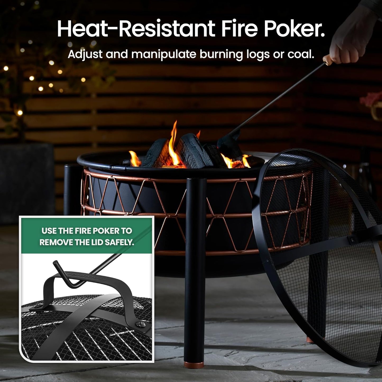VonHaus Fire Pit – 2 in 1 Firepit with BBQ Cooking Grill for Outdoor, Garden, Patio – Black Steel with Copper Detail, Fire Poker & Mesh Cover Included – Use Wood or Charcoal to Fuel
