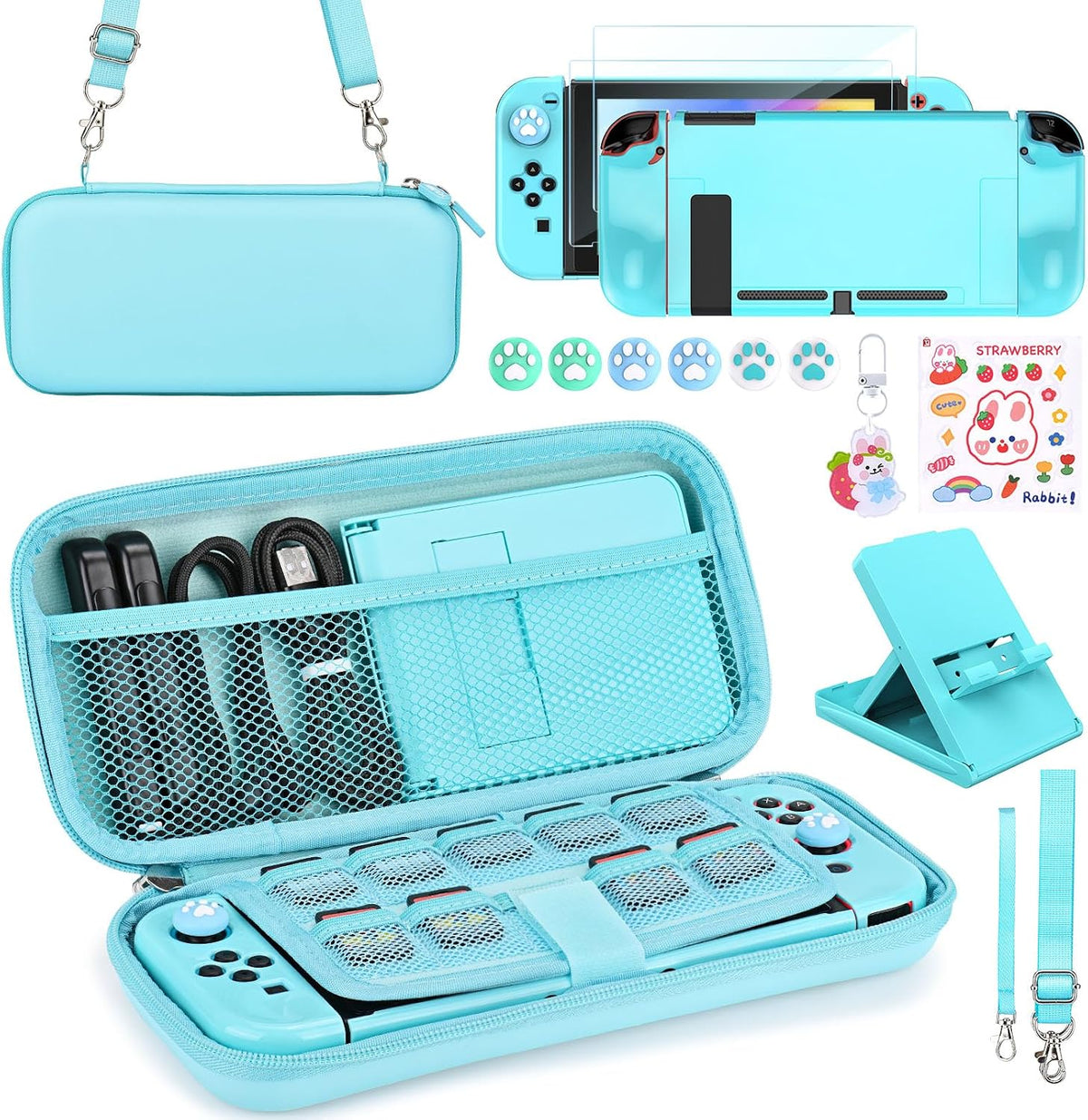 Younik Switch Accessories Bundle, 17 in 1 Switch Accessories Kit for Girls Include Switch Carrying Case with 9 Game Card Slots, Adjustable Stand, Protective Case for Switch Console & J-Con (Blue)