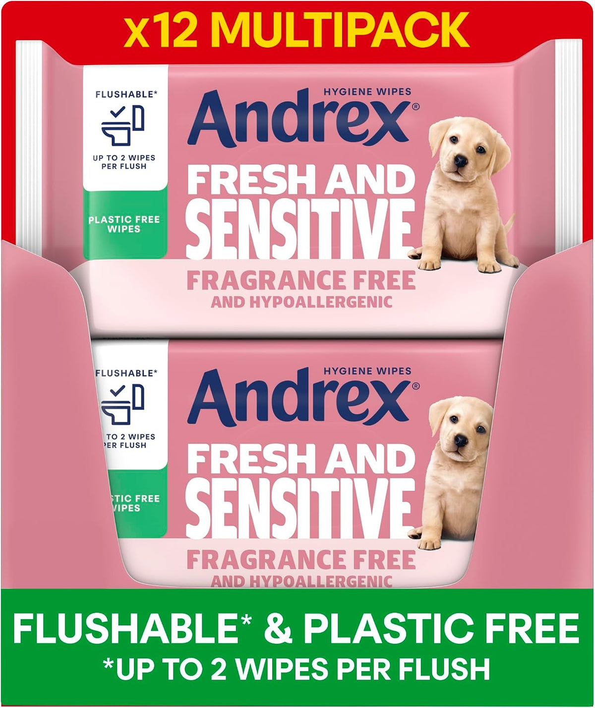 Andrex Fresh & Sensitive Hygiene Wipes, 12 Pack; Flushable Moist Toilet Tissue, Hypoallergenic and Fragrance Free Wet Wipes for Sensitive Skin (30 Sheets x 12 Packs ), FSC Certified