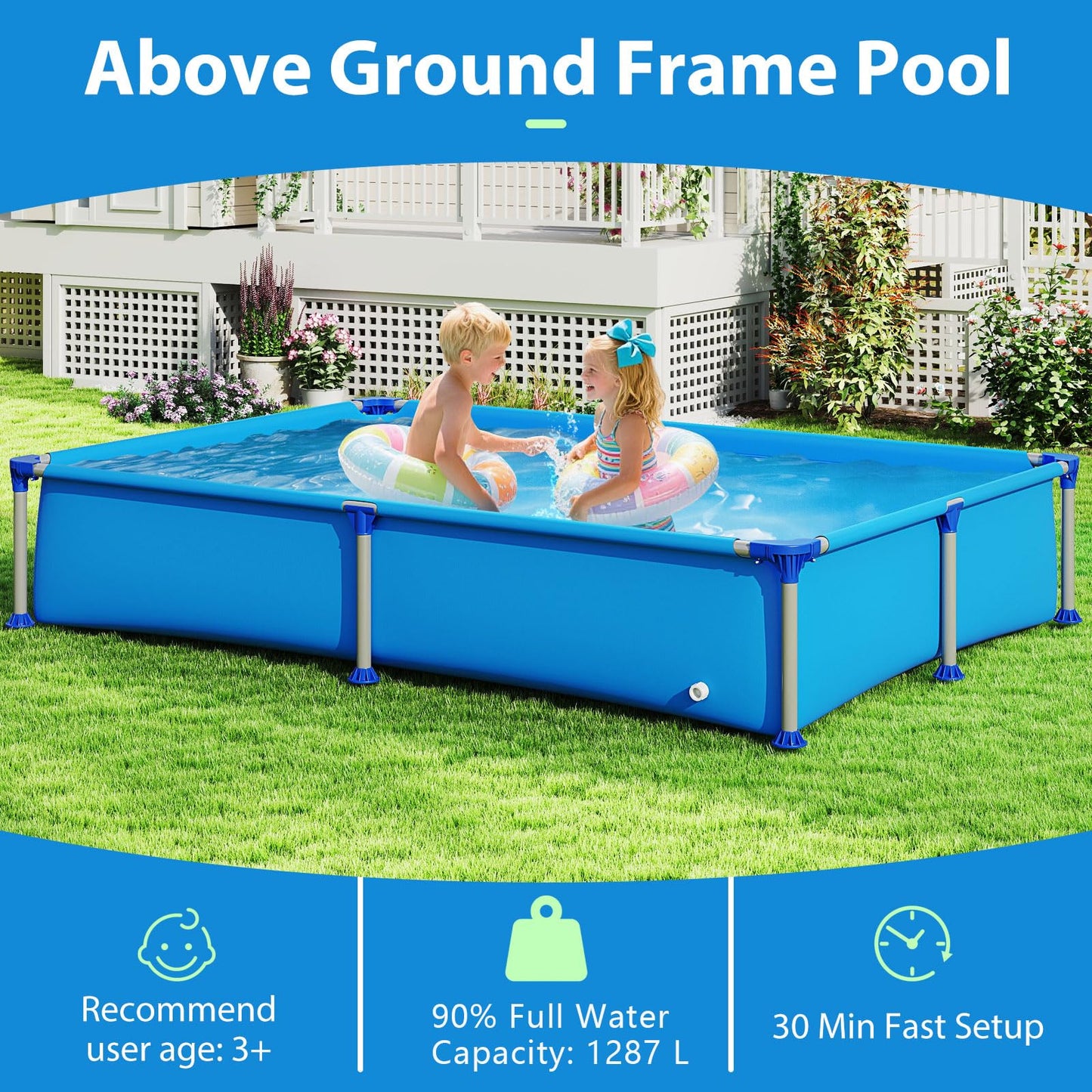 COSTWAY Above Ground Swimming Pool, Outdoor Round/Rectangular Large Framed Pool Set, Metal Frame Garden Family Pools for Kids and Adults (Gray, 300 x 207 x 66 cm, Rectangular)