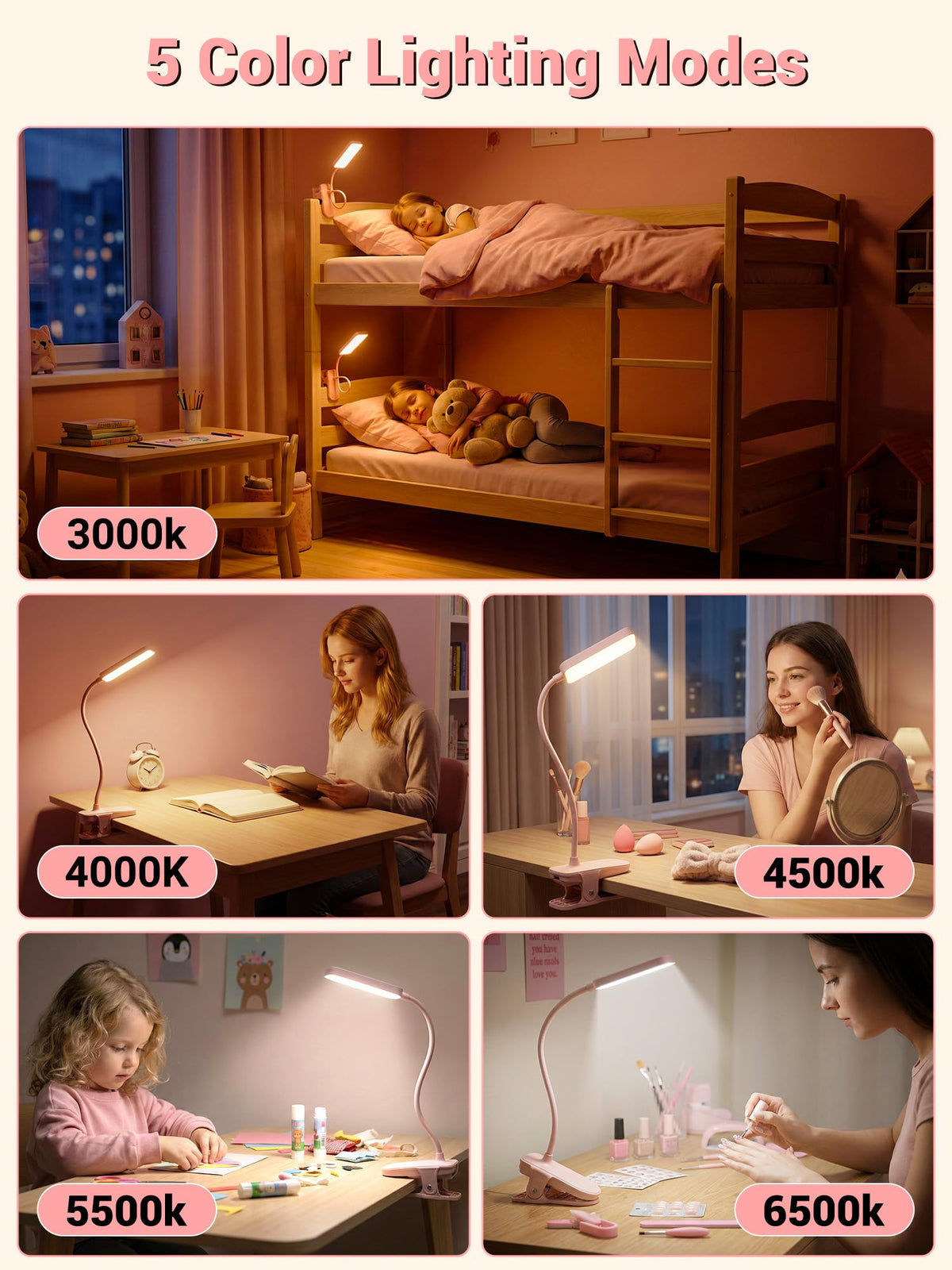 Reading Light,9 Brightness+5 Colors Clip on Light, LED Desk Lamp Table Lamp