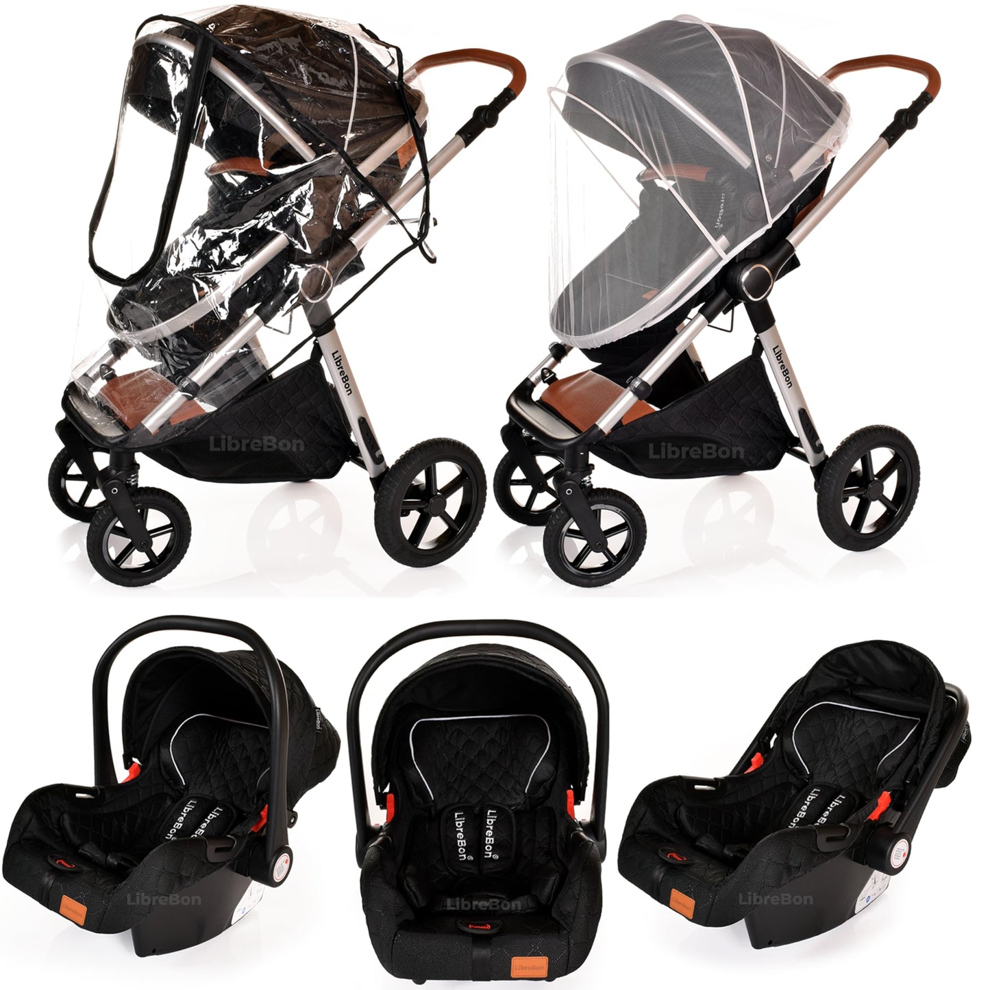Baby Buggy Pram Pushchair Stroller 3 in 1 Child Lightweight Folding Stroller 3 in 1 Travel System Pram for Newborns & Toddlers from Birth Aluminum (Beige - Rose Gold Frame)