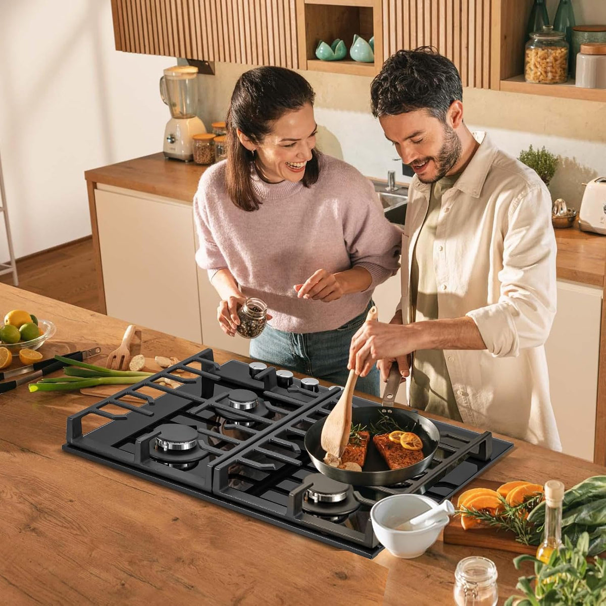 TopStrong Gas Hob 4 Burners, 60cm Black Glass Built-in Cooktop with 8060W Wok Burner & Thermocouple Protection, Natural Gas & LPG Compatible