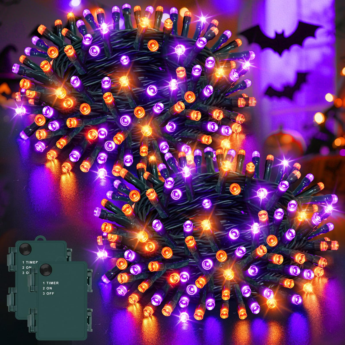 Dalugo Halloween Decoration Lights, 5M 50 LED Orange Purple White Fairy Lights with Timer, IP65 Waterproof Battery Powered Lights for Indoor Outdoor Autumn Halloween Decorations(Green Wire)