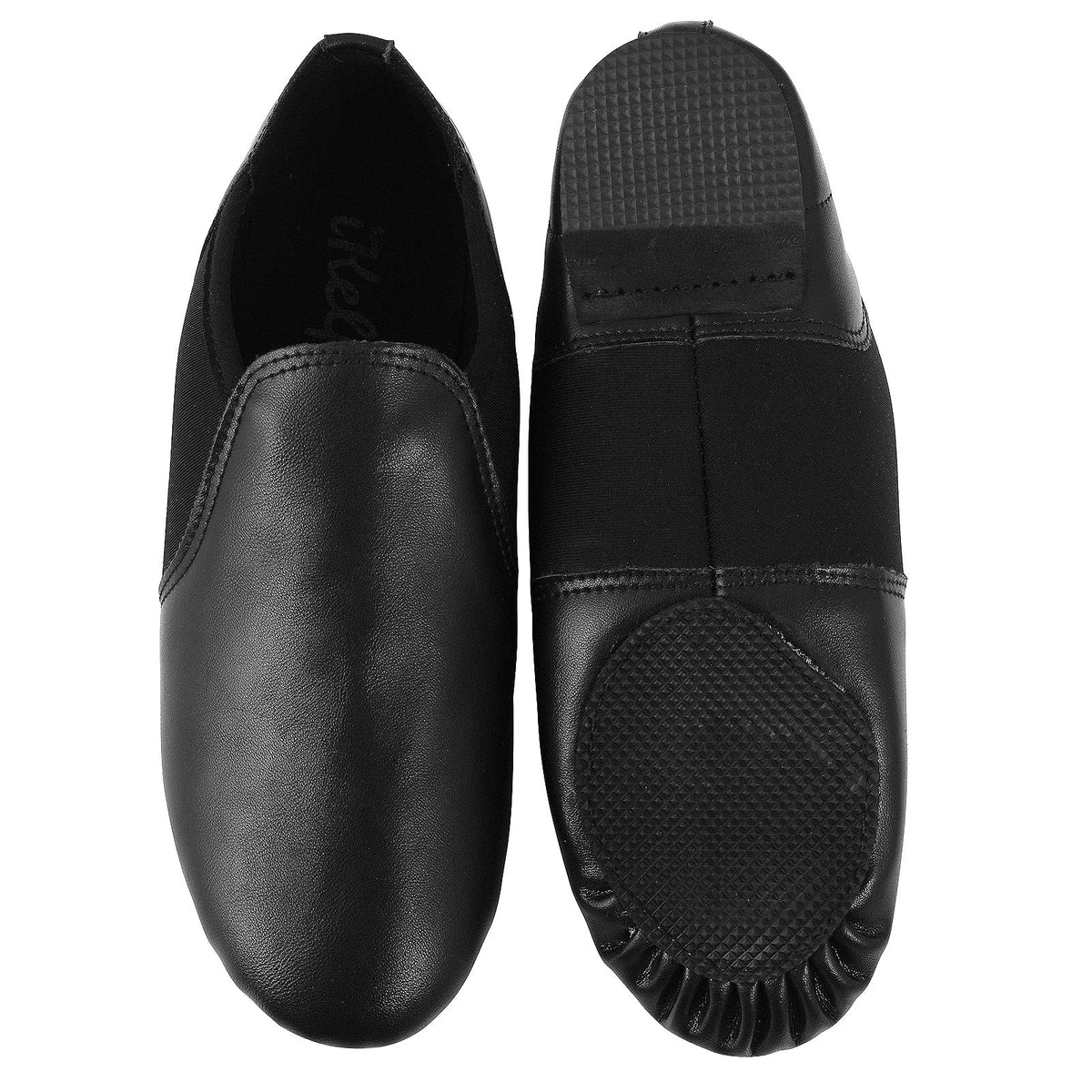 Slip On Jazz Dance Shoes - Pure Black Leather - Modern Stage Rubber Heel - Neoprene - Irish Dancing Pumps - Adults & Kids