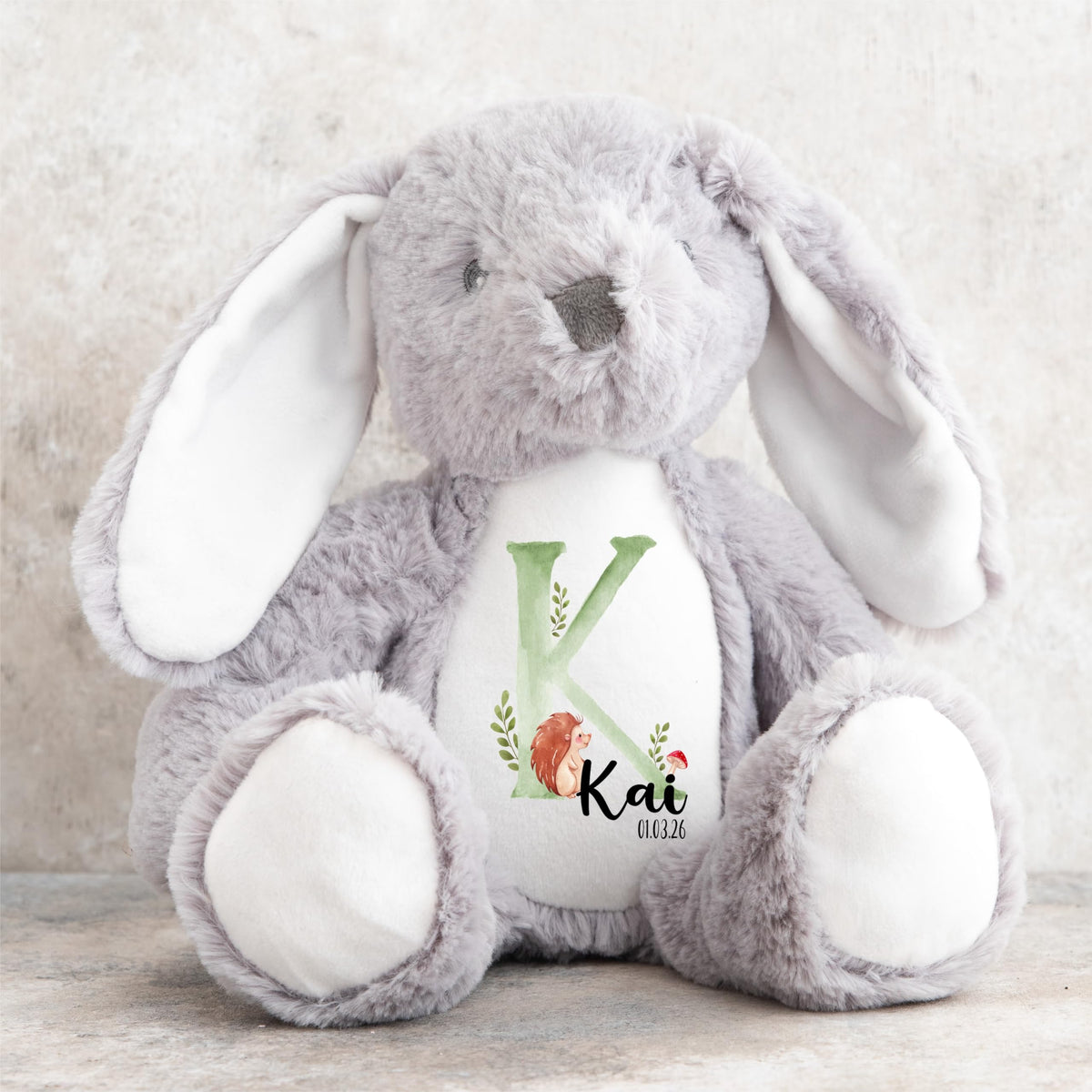 Crafted Memories - Personalised Teddy | Velveteen Bunny Soft Toy | Customisable Name for Newborns | Keepsake for Boys & Girls | Baby Shower Item | Pink Initial | Grey or White, 20-23cm