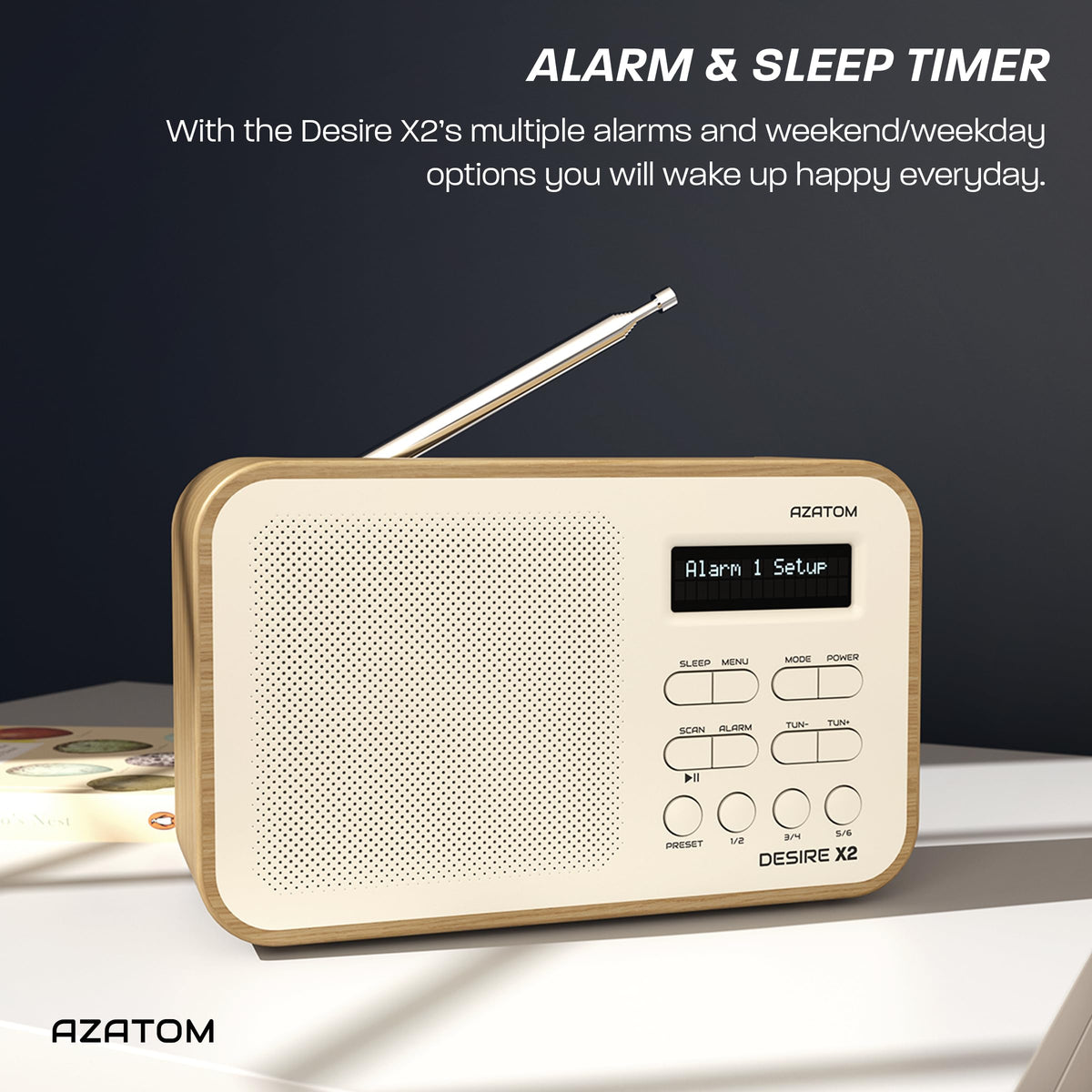 DAB/DAB+ & FM Portable Digital Radio | Simple Controls | Dual Alarms & Sleep Timer | Battery & Mains Powered (4x”AA”) | Bluetooth | Perfect for Home, Office or Outdoors | AZATOM Desire X2 (Black)