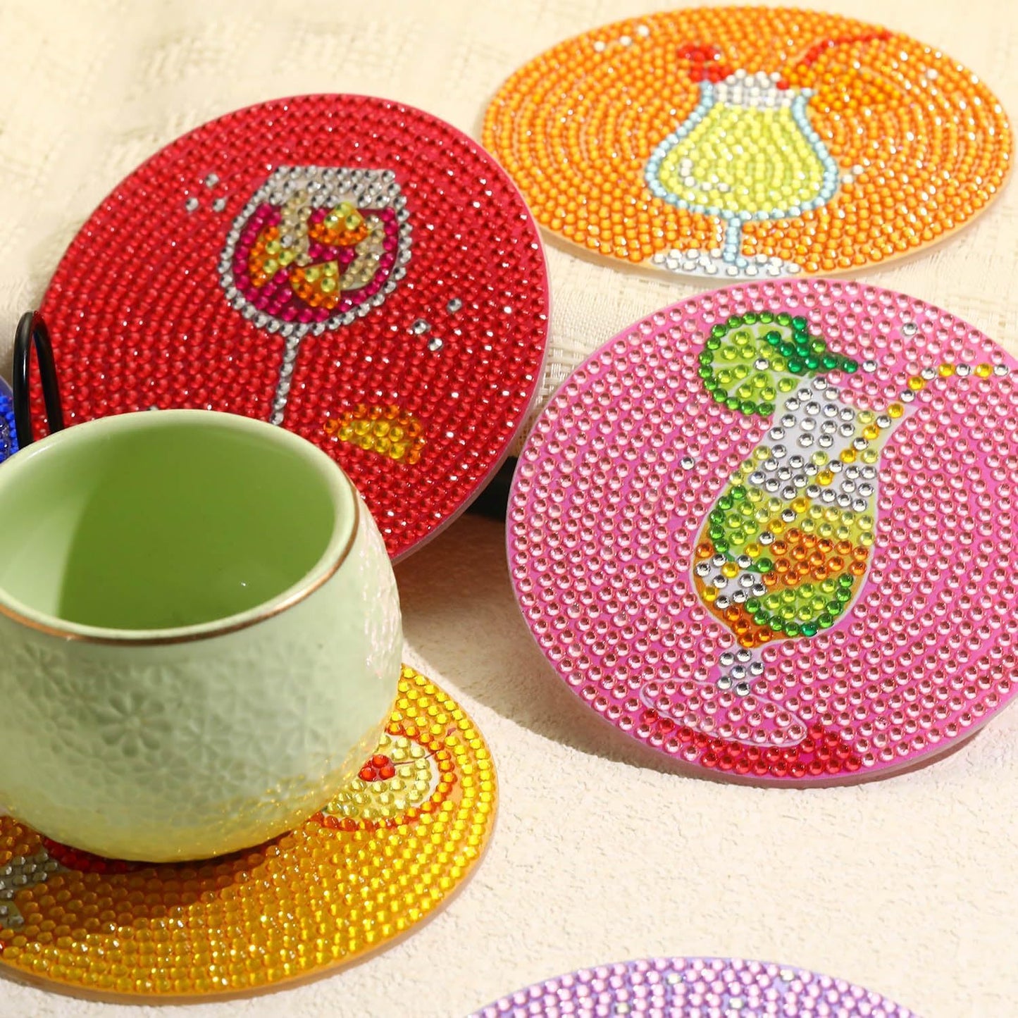 8Pcs Diamond Painting Coasters with Holder,DIY Cocktail Life Coaster Diamond Art Kits for Adults Kids,Beginners Round Full Drill Diamonds Art Craft Supplies