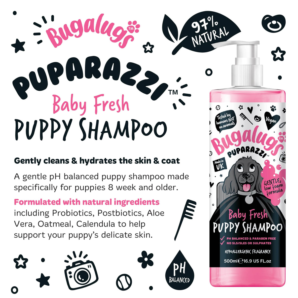 BUGALUGS Baby Fresh Dog Shampoo grooming products for smelly dogs with baby powder scent, best puppy shampoo, Vegan pet shampoo professional (625ml)