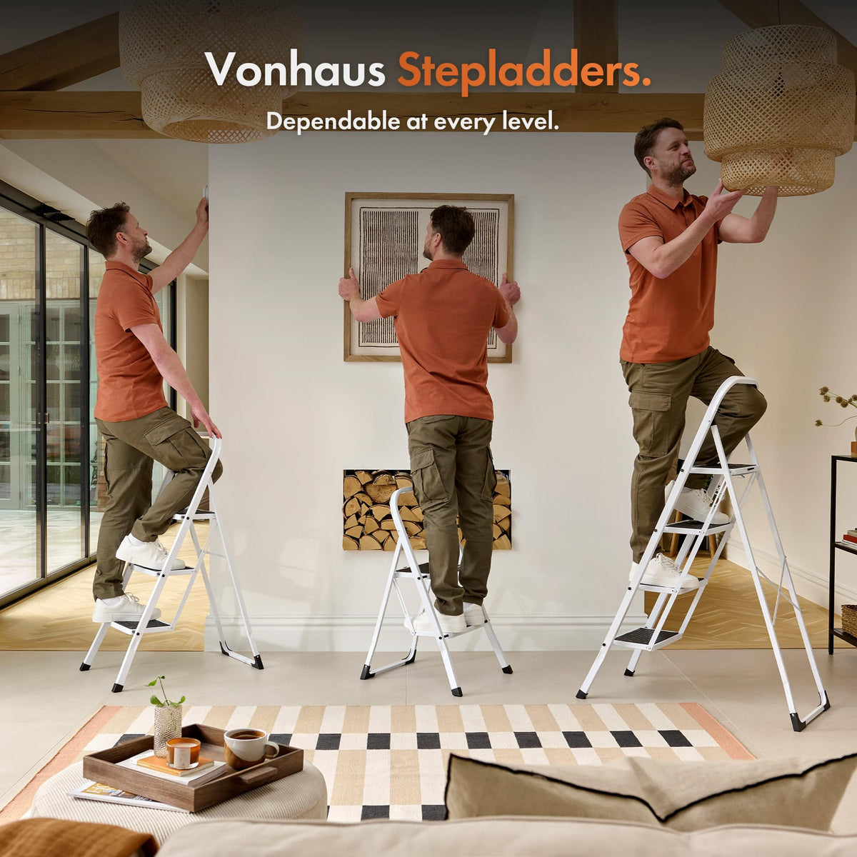 VonHaus 3 Step Ladder – Premium Quality Folding Step Ladder for DIY and Gardening - Anti Slip Feet, Easy to Store Ladder, 150KG Max Capacity - Durable Steel