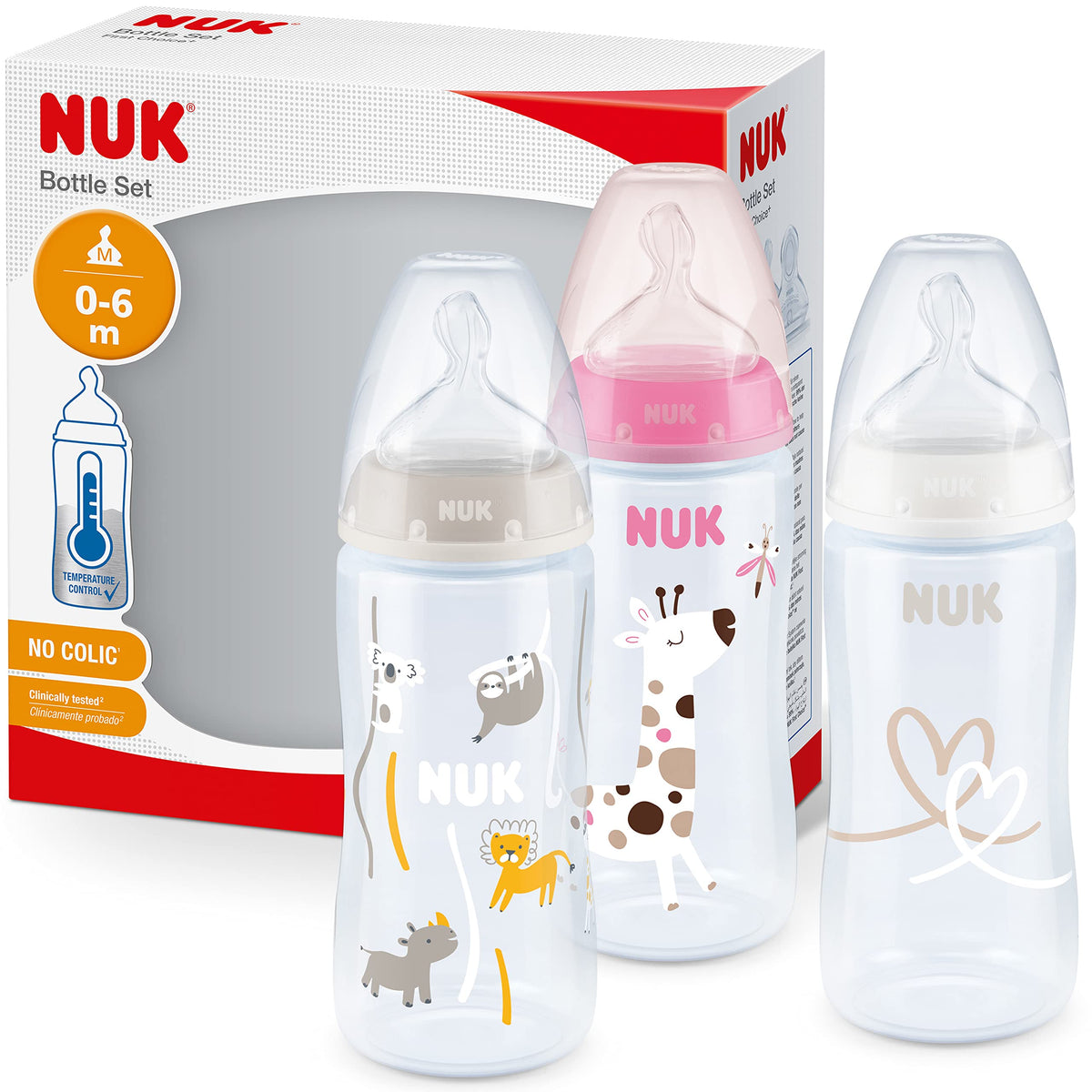 NUK First Choice+ Baby Bottles Set | 0-6 Months | Temperature Control | Anti Colic Vent | 300 ml | BPA-Free | Silicone Teat | 3 Count | Safari