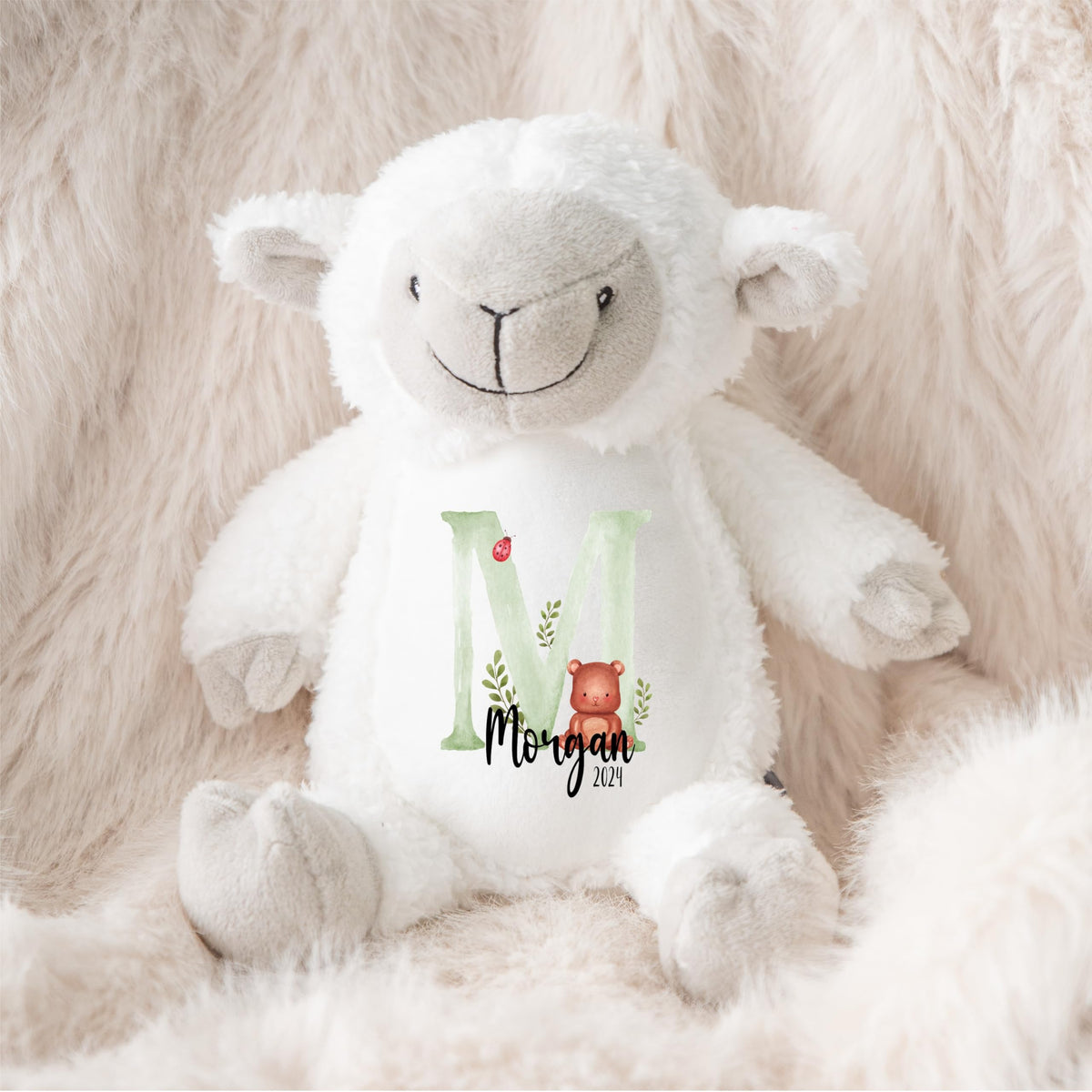 Crafted Memories - Personalised Teddy | Velveteen Bunny Soft Toy | Customisable Name for Newborns | Keepsake for Boys & Girls | Baby Shower Item | Pink Initial | Grey or White, 20-23cm