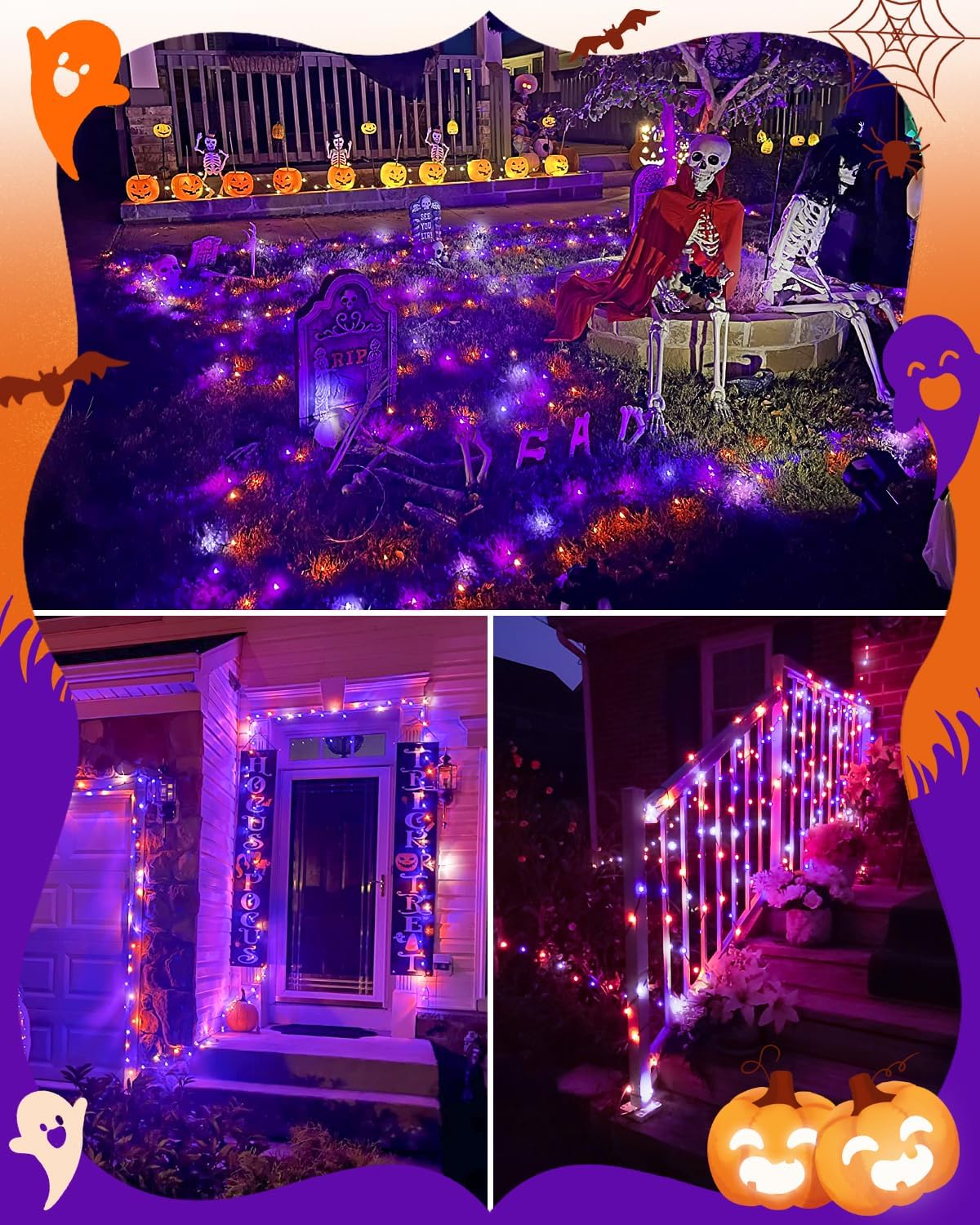 Dalugo Halloween Decoration Lights, 5M 50 LED Orange Purple White Fairy Lights with Timer, IP65 Waterproof Battery Powered Lights for Indoor Outdoor Autumn Halloween Decorations(Green Wire)
