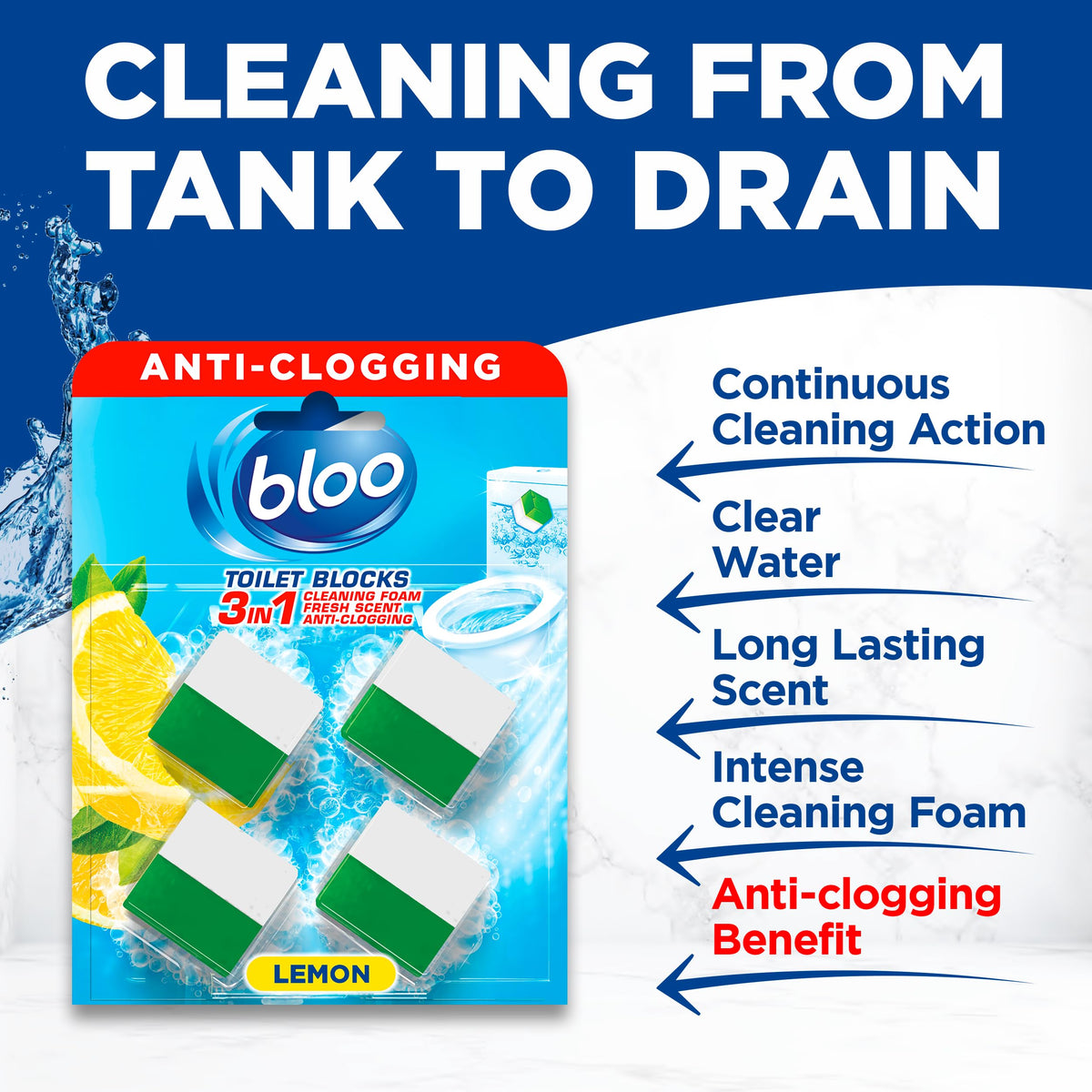 Bloo New 3in1 Toilet Blocks, Pack of 2, Toilet Limescale Remover Cistern Block, Toilet Cleaner Block with Cleaning and Foaming Action, Toilet Fresheners - Limescale Prevention