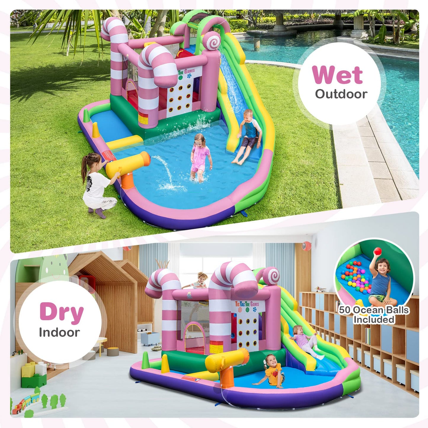 COSTWAY Kids Inflatable Water Park with Slide, Climbing Wall, Water Cannon, Splashing Pool, Blow up Bouncy Castle House for Summer Outdoor Play (with 50 Ocean Balls)