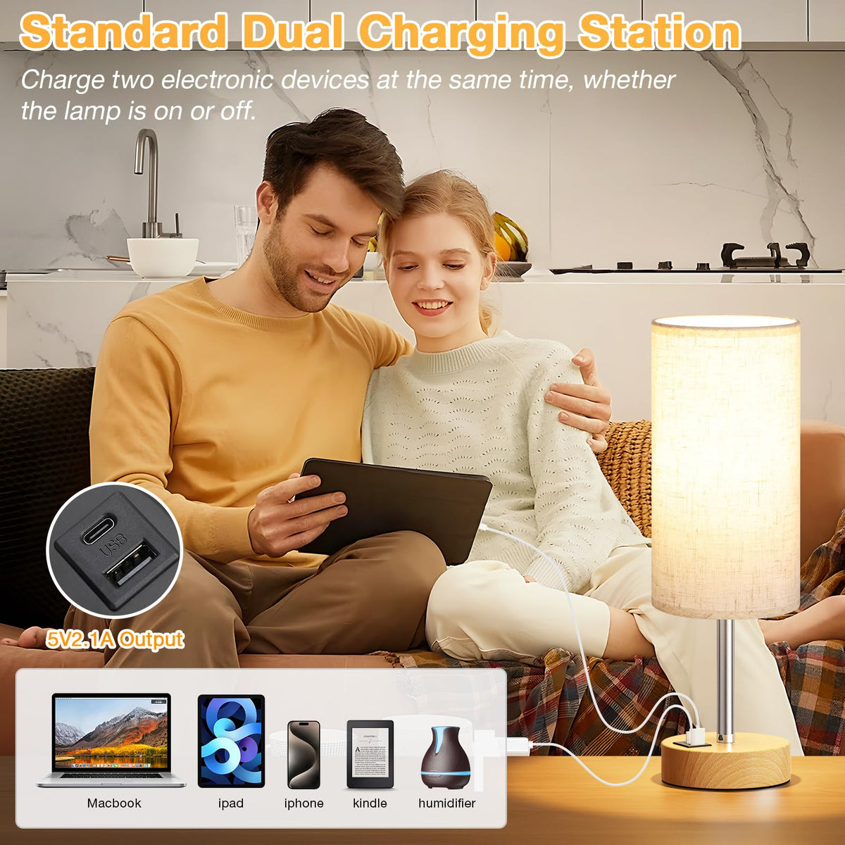 Aooshine Grey Table Lamp, 3-Way Dimmable, USB A + C Charging