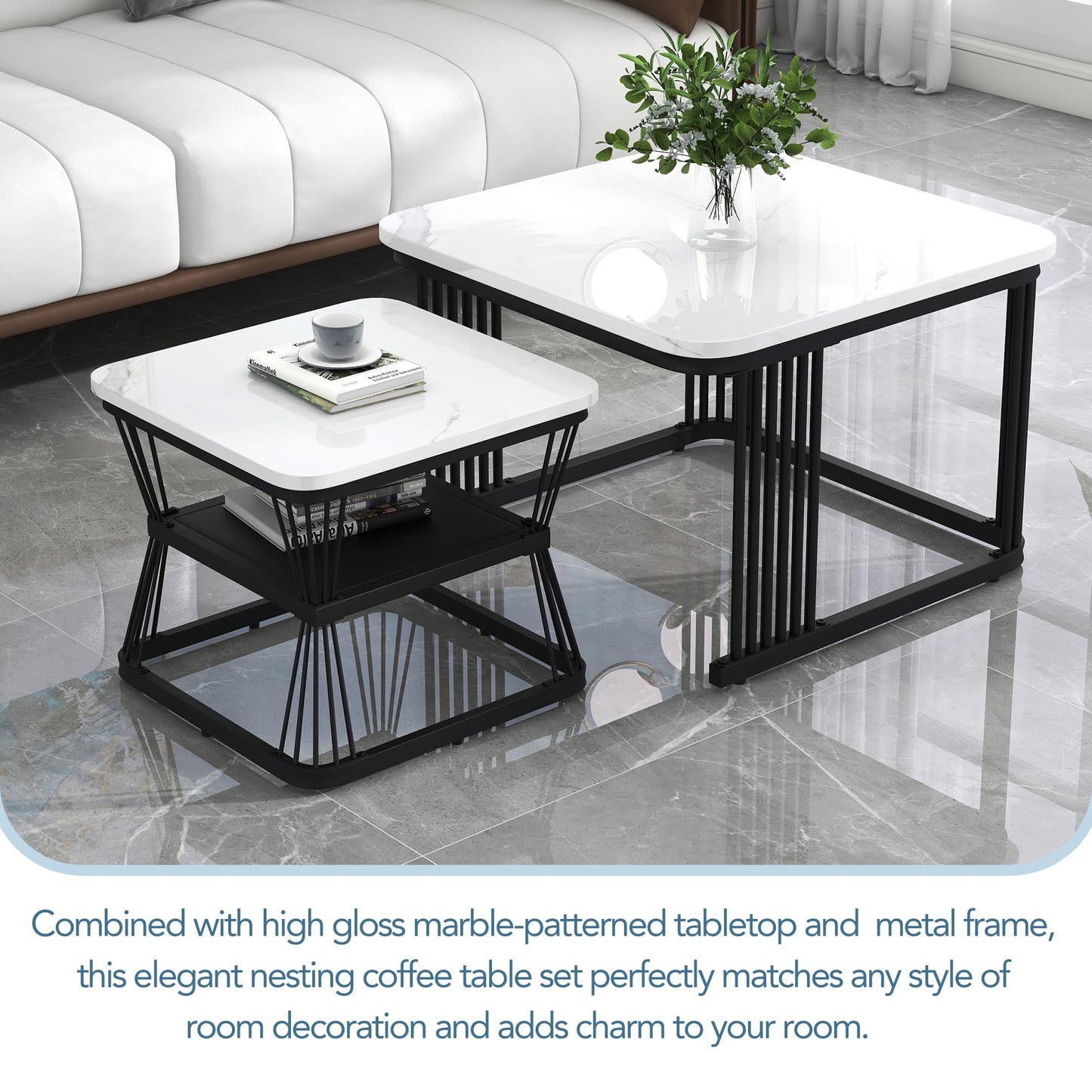 ModernLuxe 2-in-1 Coffee Table, Multi-functional Side Table with Marble Grain Veneer Top, Rattan Drawers, Solid Wood Handles, Gold Coloured Iron Legs, Round Nest of Tables for Living Room, Black