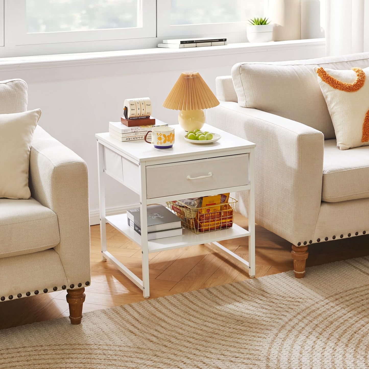 Aibiju Large Side Table for Living Room, Small Table Stand 20 Inch, Fridge Stand Printer Table with Fabric Drawer, Square Tea Coffee Table for Office, White YD-TM156W