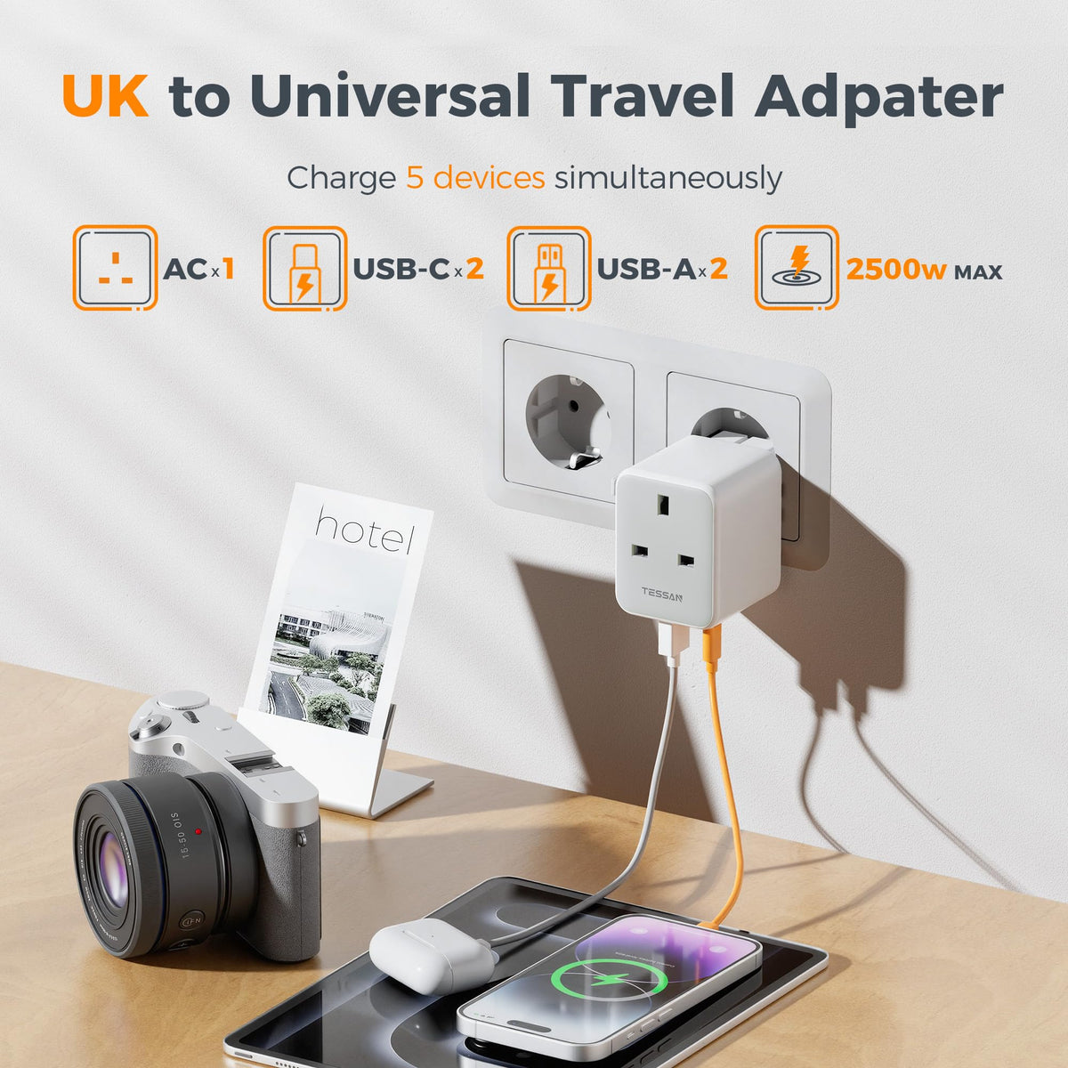 TESSAN Universal Travel Adapter Worldwide with 2 USB C and 2 USB A Ports