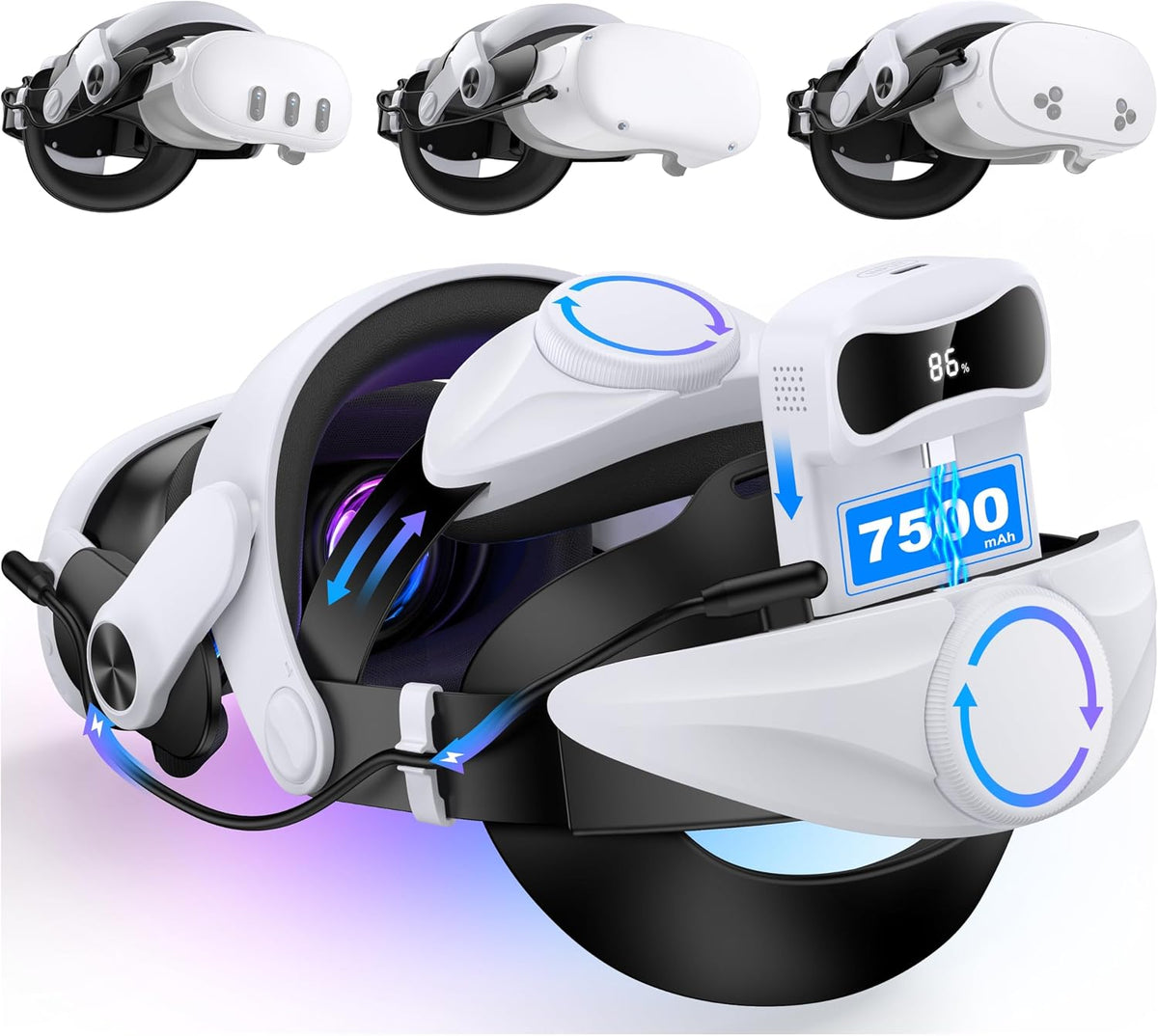 Comfortable Head Strap for Meta Quest 3S/3/2 with 7500mAh LED Display Battery Bank,VR Headset Elite Strap Replacement,All-Directional Adjustable Oculus Headstrap,Enhanced Support & Reduce Pressure