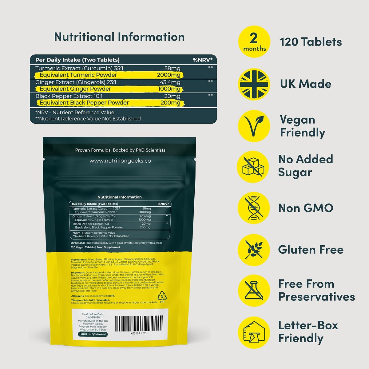 Turmeric Tablets 2000mg with Black Pepper & Ginger - 120 High Strength Curcumin Supplements - Easy Swallow Tablets (Not Turmeric Capsules or Powder) - Vegan - UK Made