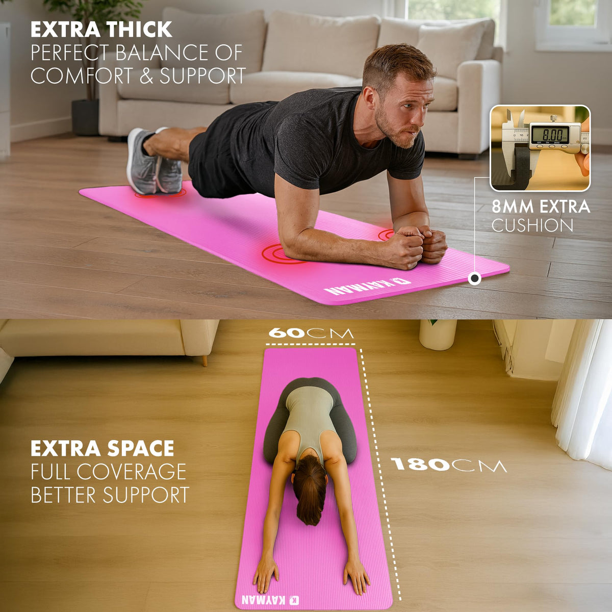 KAYMAN Yoga Mat - Non-Slip Extra Thick 8mm NBR Foam, Exercise Mat, 180x60cm