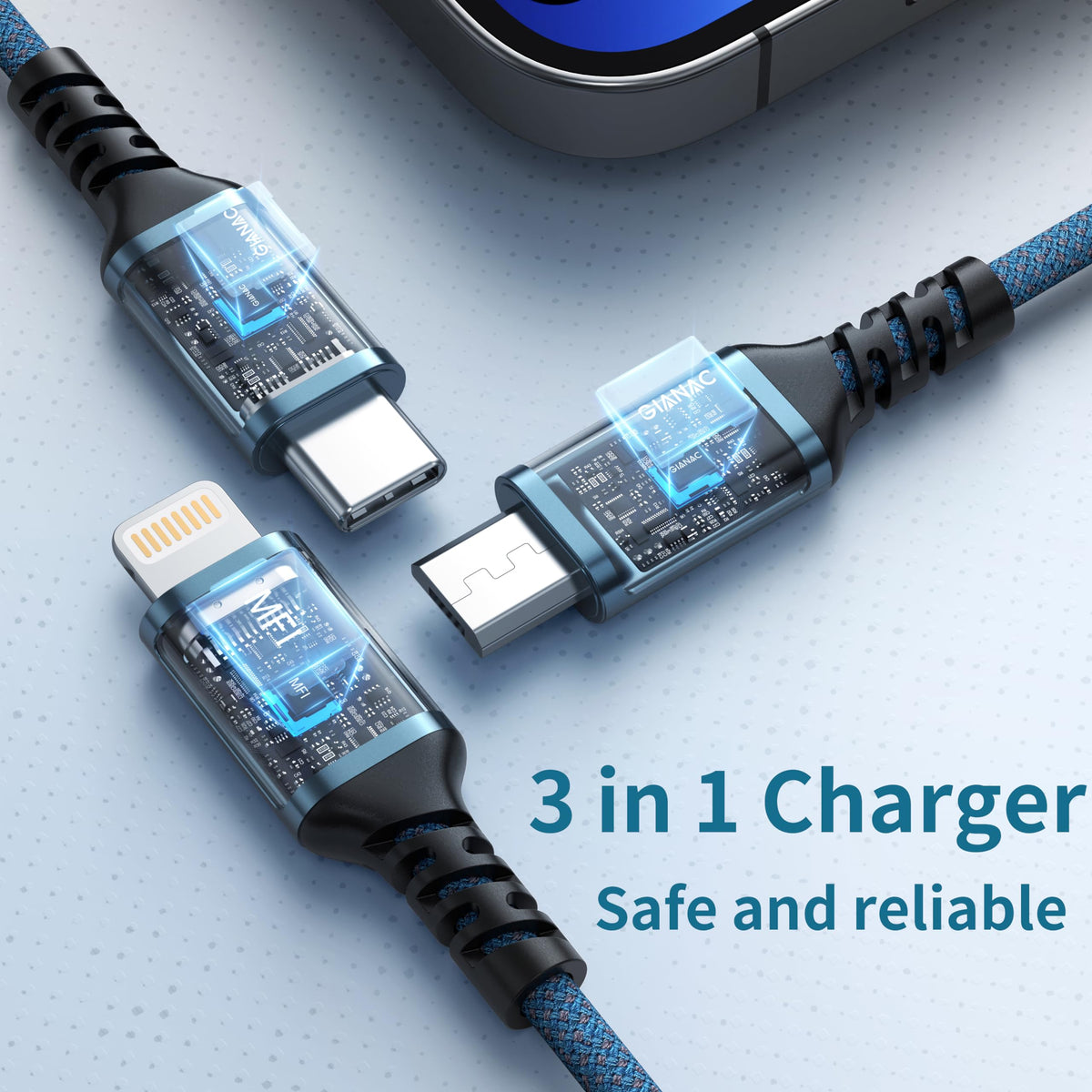 GIANAC Multi Charger Cable [2Pack 1.2M] 3 in 1 Charging Cable Nylon Braided