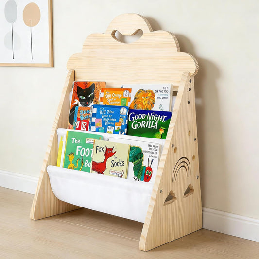 Bookshelf Wooden Childrens Bookcase Kids Storage, Montessori Bookcase, Double Sided Sling Book Rack with Handle for Reading Corner, Toy Organiser, Wooden Book Organizer for Kids Rooms, Nursery