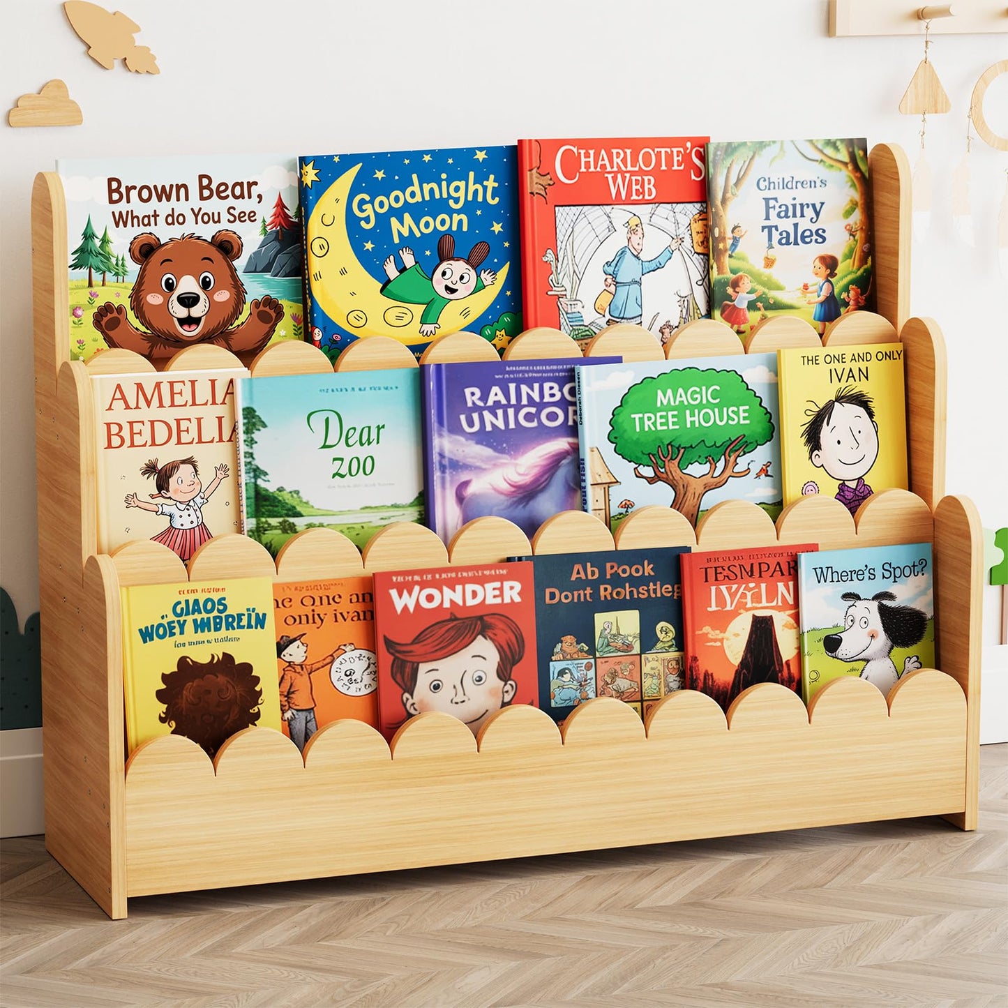 SpaceAid 3-Tier Scalloped Bookshelf, Montessori Bookcase for Toddlers, Wooden Book Shelf Organizer Display Furniture for Kids Rooms, Playroom, Nursery and Classroom, Natural