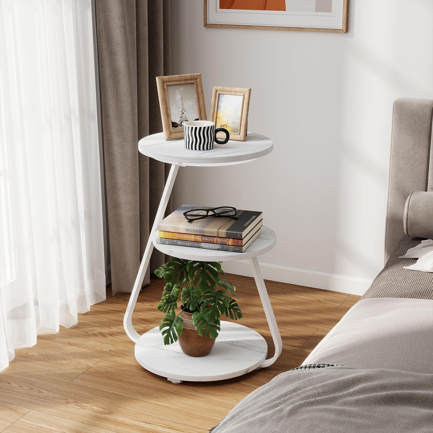 ARTETHYS Side Table, Small Round Coffee Table with 3 Color LED Lights, End Table with 3 Tier Storage Shelves, Bedside Sofa Side Tables for Living Room Bedroom, Rustic Brown