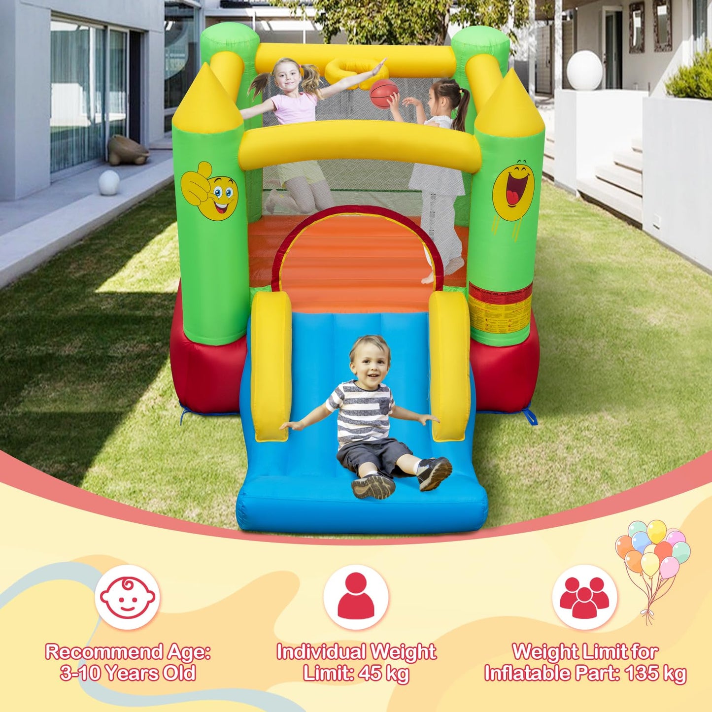 Maxmass Kids Inflatable Bouncy Castle with Slide & Basketball Hoop — 297x203x189cm | Ages 6-14
