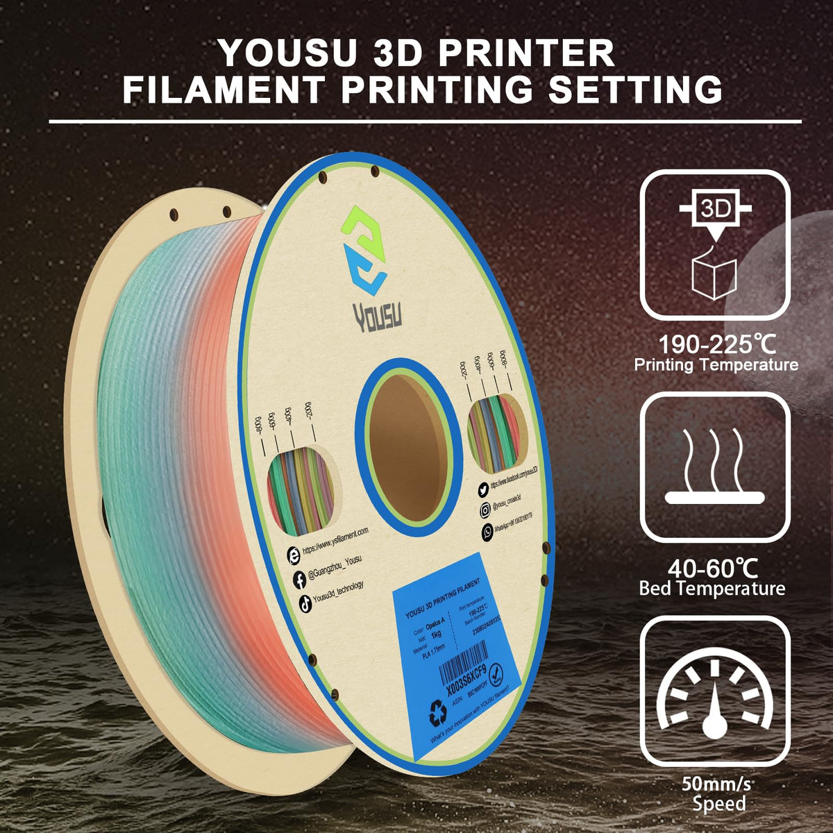 YOUSU 3D Printer Filament Bundle,Glow in The Dark Filament Multicolor,PLA Filament 1.75 mm,Green, Blue,Purple and Rainbow Accuracy +/- 0.03 mm,250g X 4 Pack