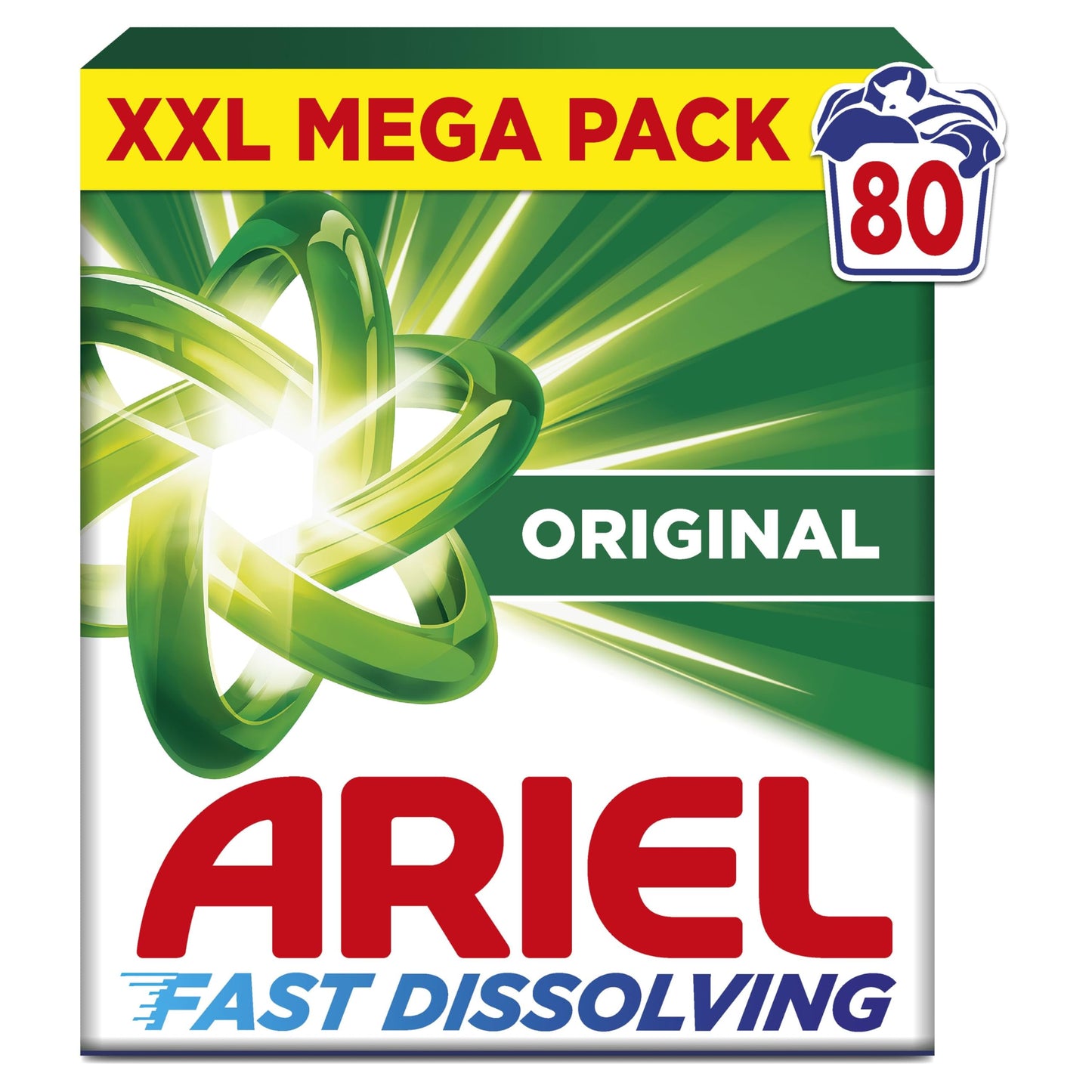 Ariel Fast Dissolving Washing Powder Laundry Detergent 4kg, 80 Washes, Original, Tough Stain Removal in 1 Wash, Instant Action Even in Cold