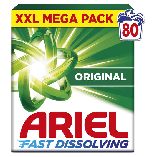 Ariel Fast Dissolving Washing Powder Laundry Detergent 4kg, 80 Washes, Original, Tough Stain Removal in 1 Wash, Instant Action Even in Cold