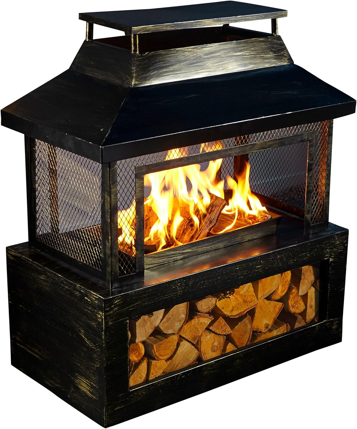 Neo Black Steel Outdoor Garden Log Burner Burning Fire Pit Chiminea Heater Stove Mesh Surround Storage