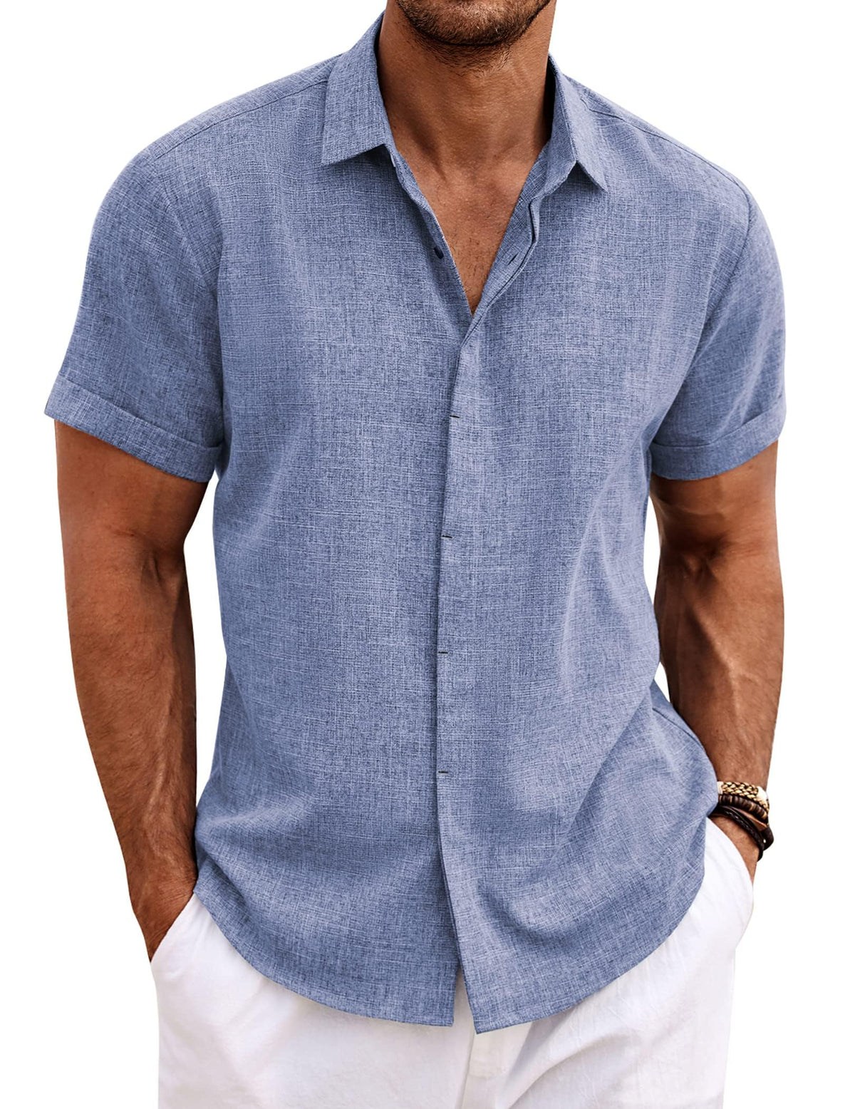 COOFANDY Mens Linen Shirts Short Sleeved Summer Regular Fit Button Down Hawaiian Holiday Tops