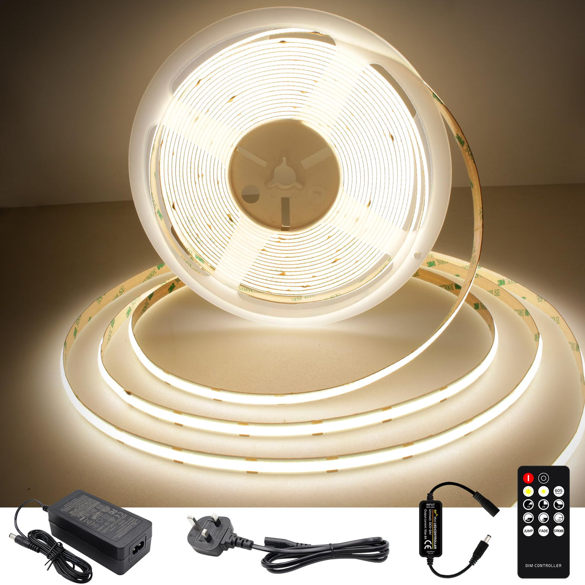 TTWAY COB LED Strip Lights 2700K, Dimmable LED Strip Kit, Super Bright 24V LED Tape Lights CRI90+ with RF Remote and UKCA Power Supply for DIY Home Decoration, 5M, 2400LEDs, Warm White.