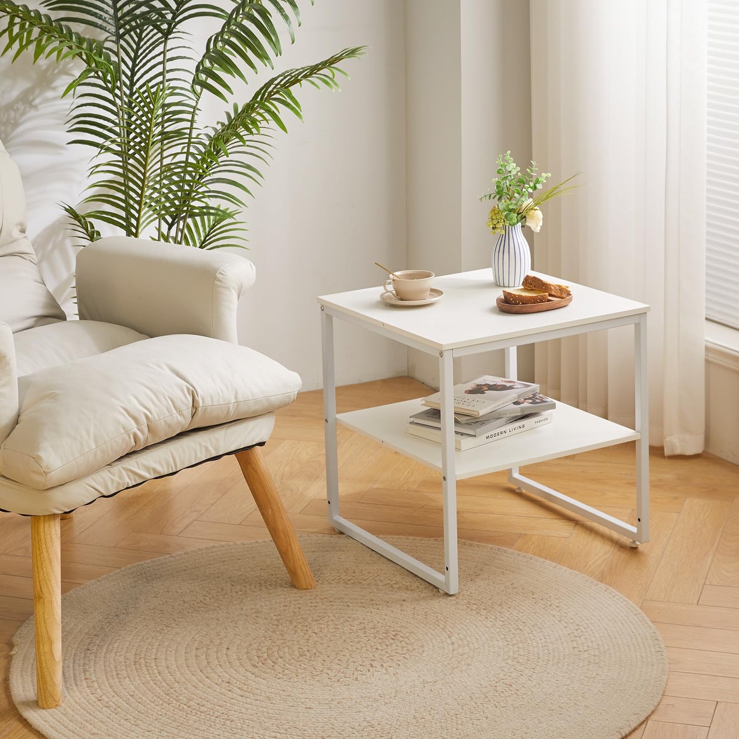 Aibiju Large Side Table for Living Room, Small Table Stand 20 Inch, Fridge Stand Printer Table with Fabric Drawer, Square Tea Coffee Table for Office, White YD-TM156W