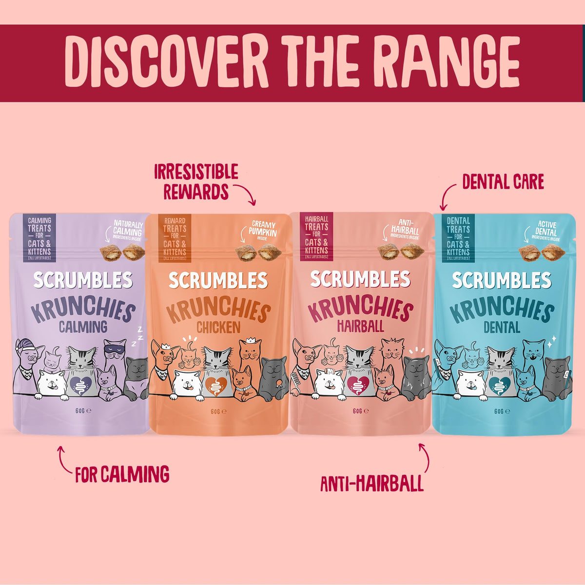 Scrumbles • Cat Treats • Krunchies • Calming • All Lifestages • 60g Bag • Hypoallergenic • No Added Sugar • Valerian & Chamomile • Gluten Free • Low Calories