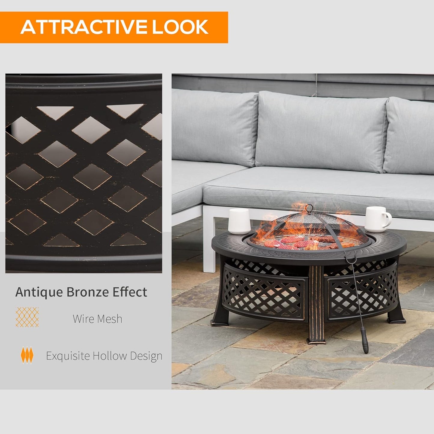 Outsunny 81 x 81 x 50 cm Outdoor Fire Pit, Round Firepit with Grill Net, Mesh Lid, Poker, for Garden, Camping, Bonfire, Picnic, Bronze Tone