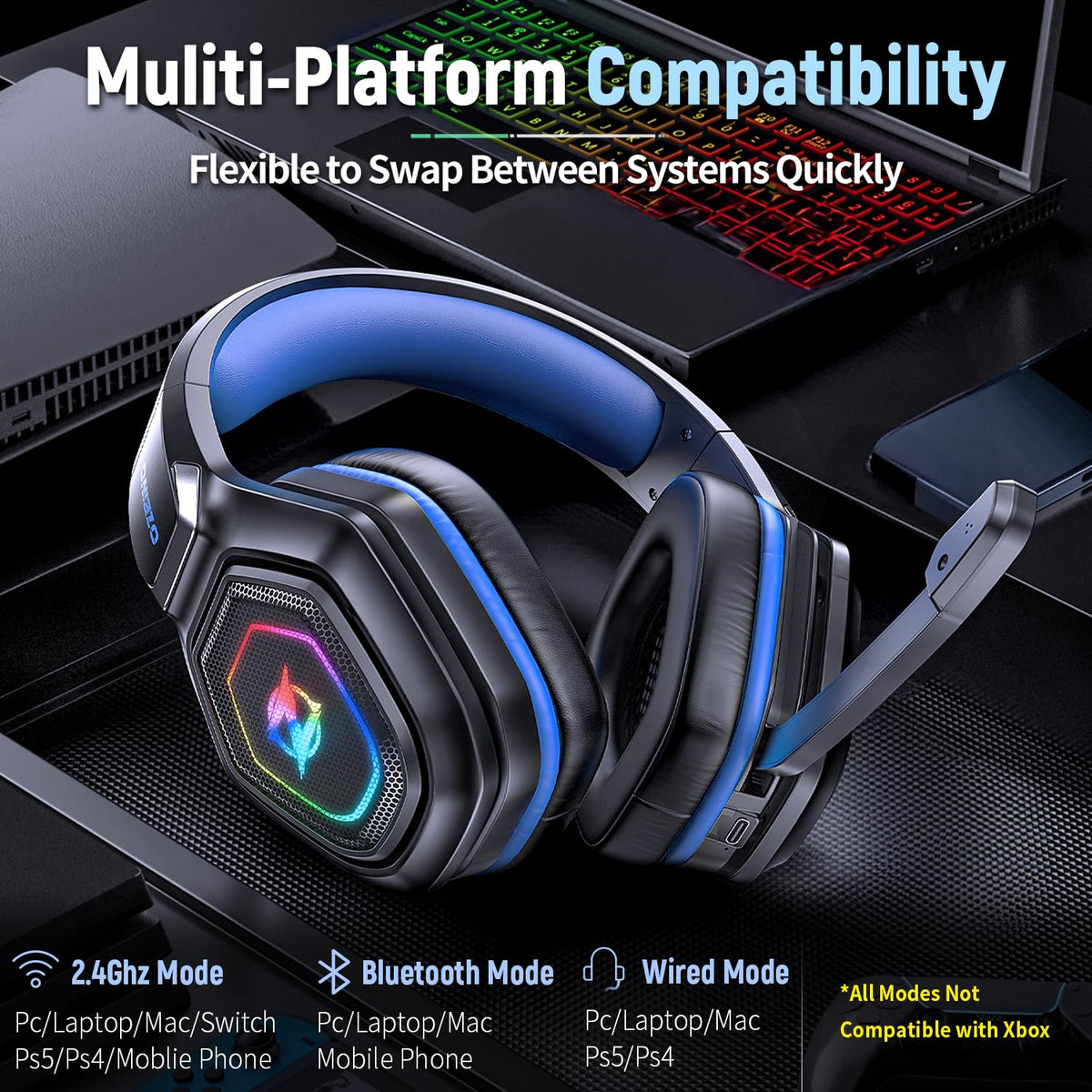 Ozeino Wireless Gaming Headset with Microphone, 2.4G & Type C Transmitter - 40h Battery Life - RGB Lighting Gaming Headphones for Ps5, Ps4, PC, Switch, Phone (Pink)