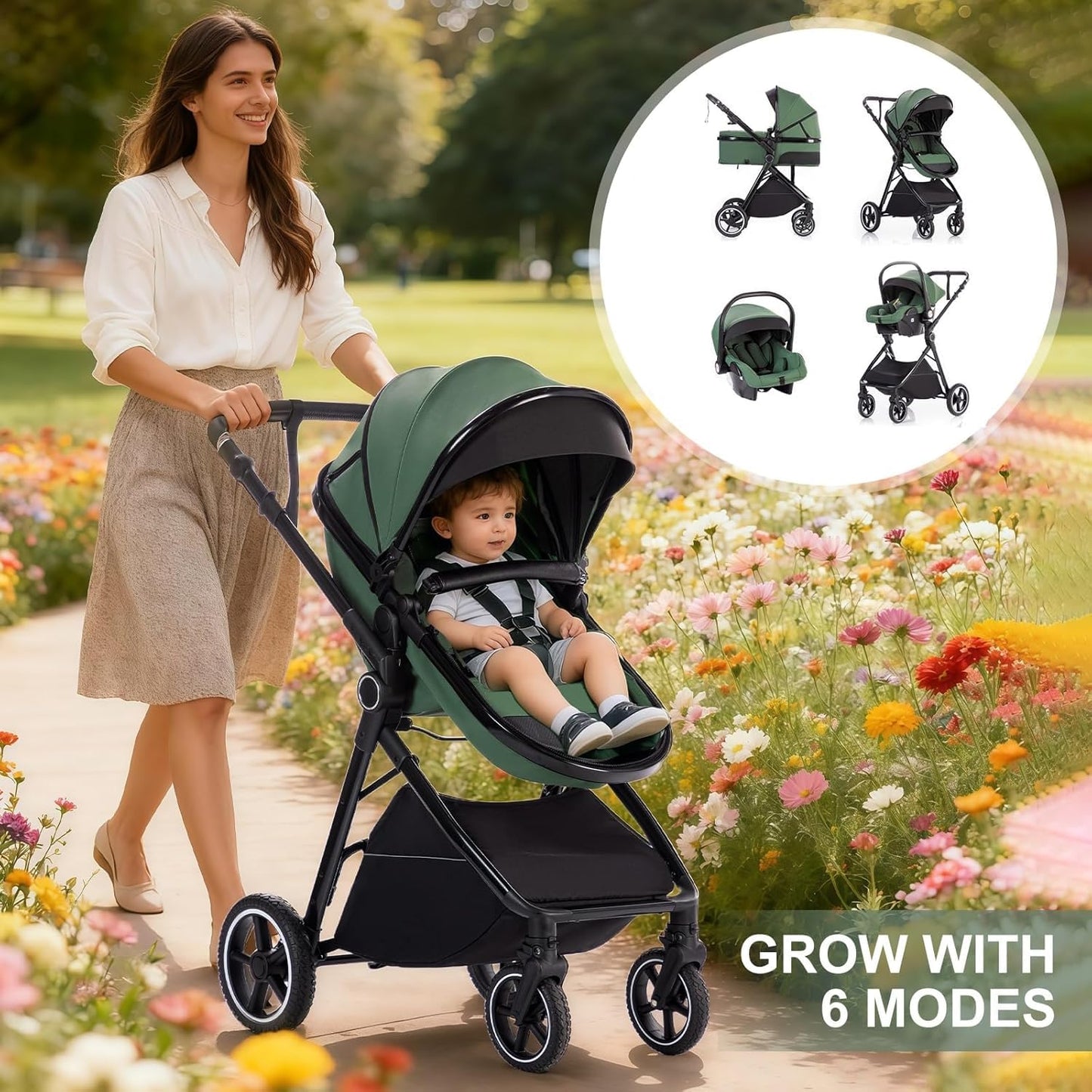 Gcarebb 3 in 1 Prams Travel System, Pushchair with Height Adjustable Handle, Travel Pram with Rain Cover, Baby Stroller with Aluminum Frame for Newborn