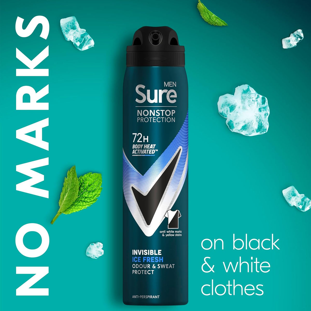 Sure Men Nonstop Protection Invisible Ice Fresh Deodorant Body Spray Antiperspirant with body heat activated technology for 72 hour odour and sweat protection 250 ml