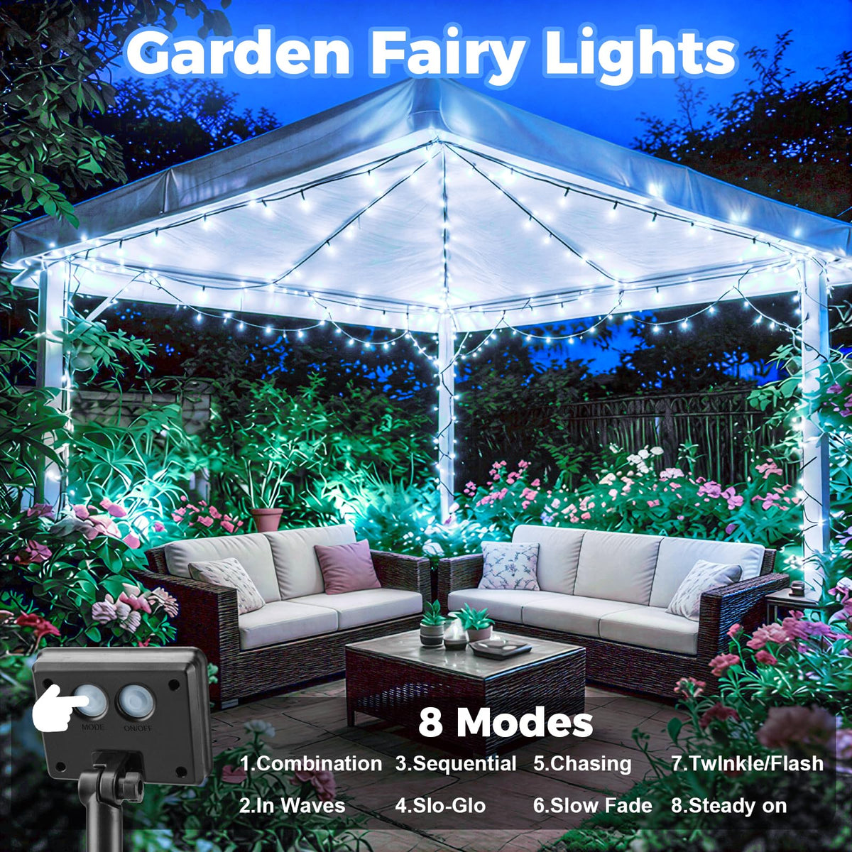 Outdoor Solar Lights Garden, 12M/40FT 120 LED Solar String Lights Waterproof, 8 Modes Solar Powered Fairy Lights for Tree Patio Yard Party Garden Terrace Decorations Warm White