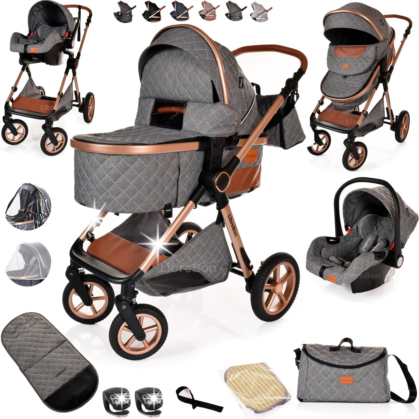Baby Buggy Pram Pushchair Stroller 3 in 1 Child Lightweight Folding Stroller 3 in 1 Travel System Pram for Newborns & Toddlers from Birth Aluminum (Beige - Rose Gold Frame)
