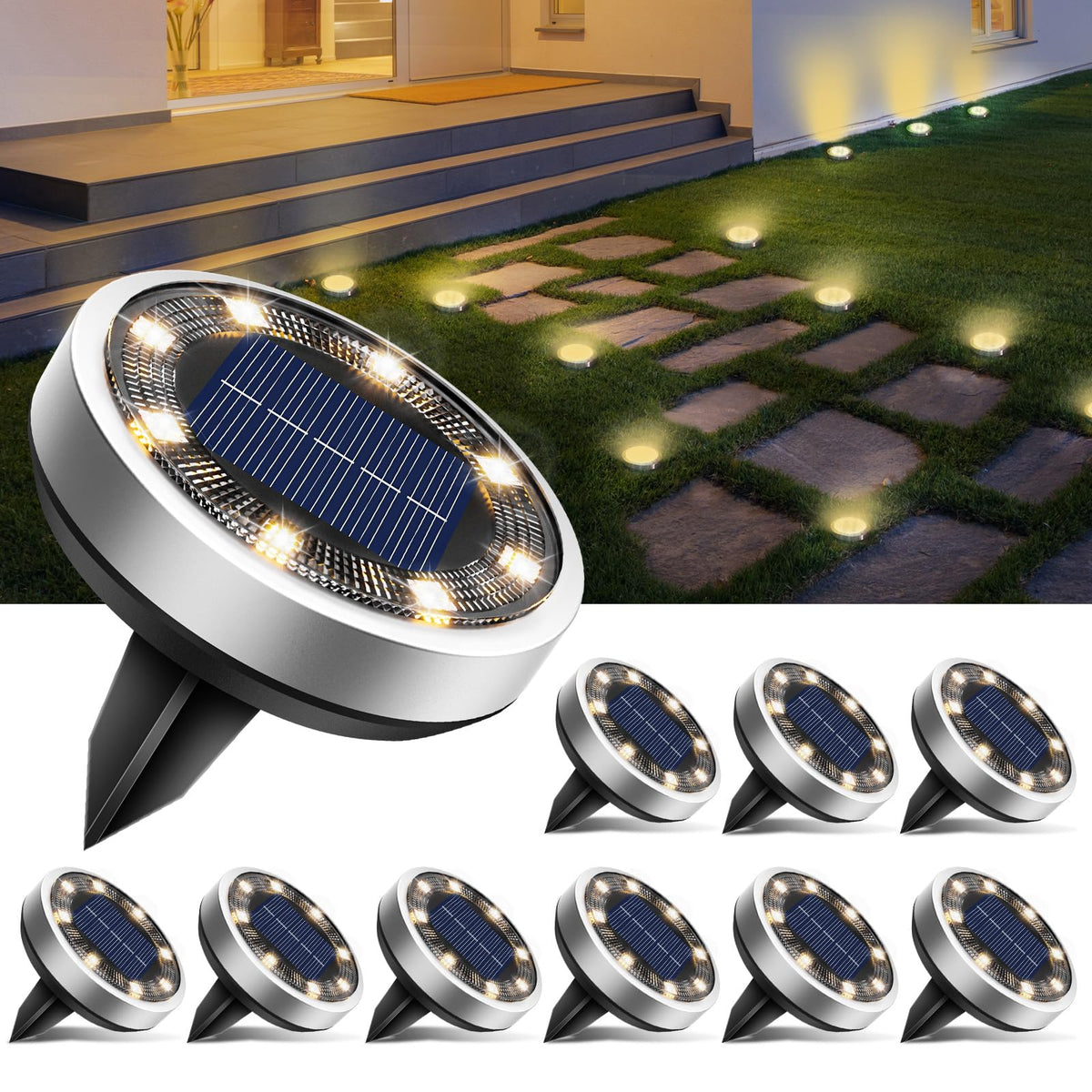 btfarm Solar Lights Outdoor Garden, 6 Pack 8 LED Solar Ground Disk Lights Outdoor IP65 Waterproof for Garden Pathway Lawn Patio Yard Landscape (Blue)