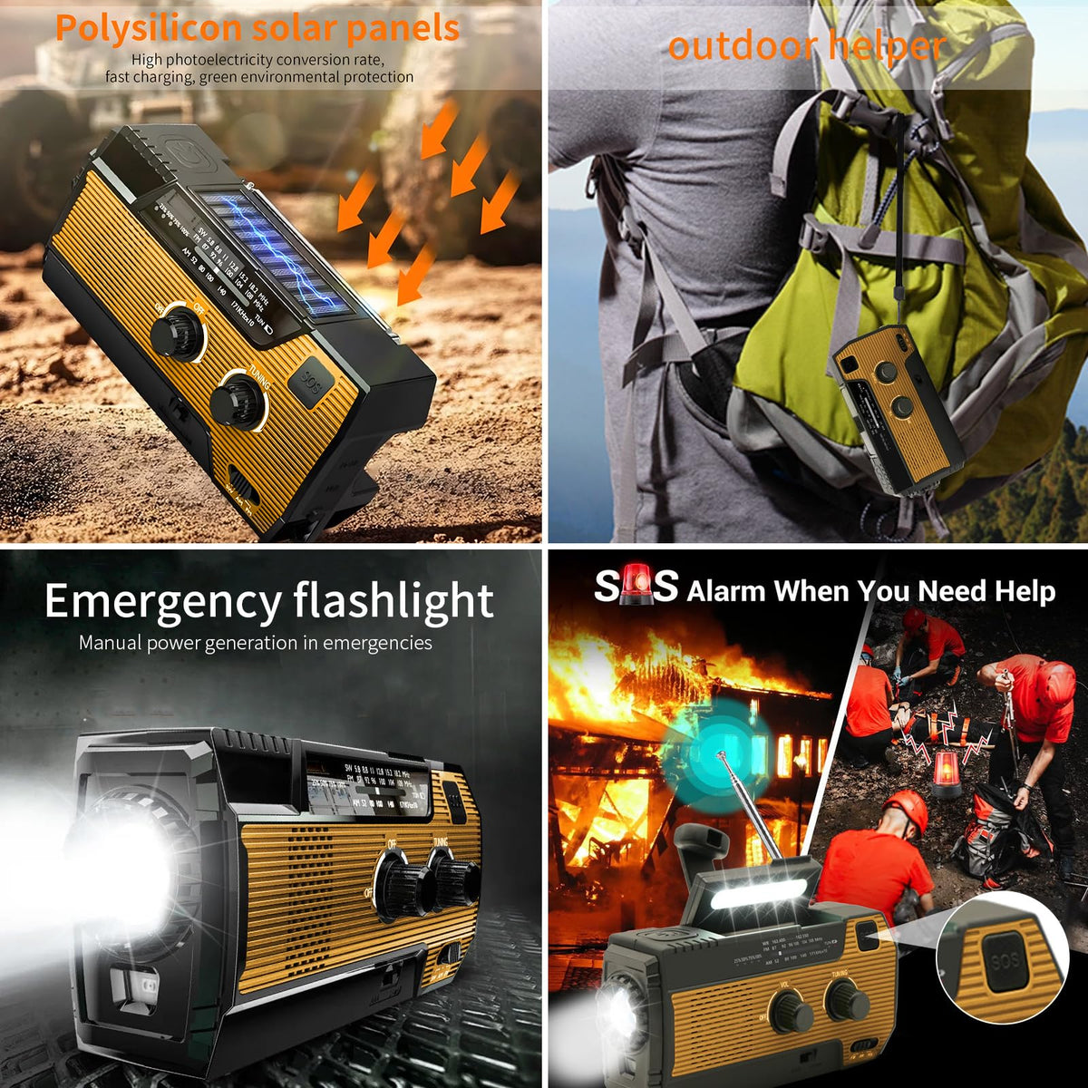 SOLARBABY Wind Up Solar Radio, Emergency Hand Crank Self Powered AM/FM Survival Solar Weather Radio with LED Flashlight,SOS Alarm,2000mAh Emergency Power Bank for Smart Phone (M-Orange)
