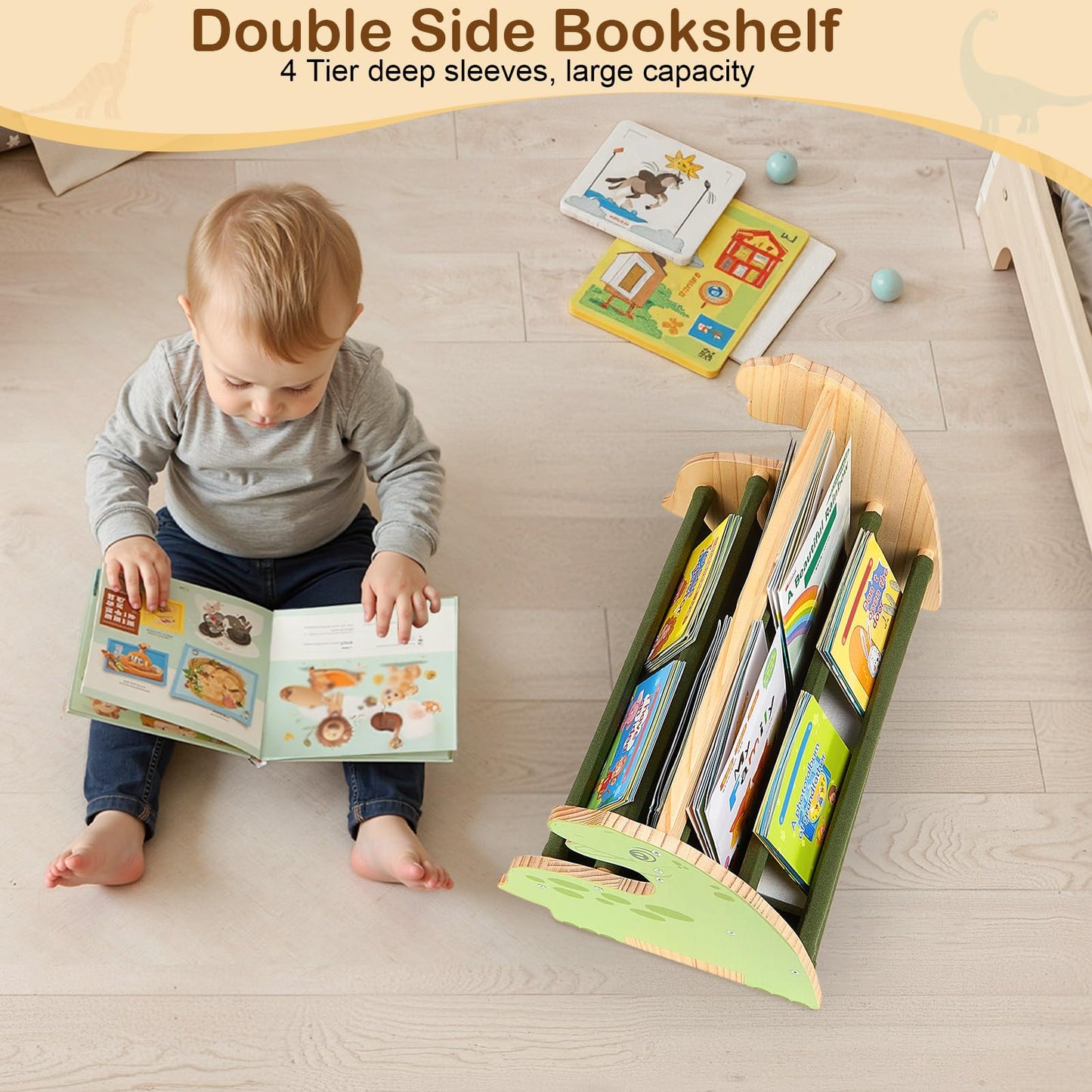 MHJY Kids Bookshelf – Wooden Double-Sided Sling Book Rack with Canvas Storage, Toddler Bookcase for Nursery, Bedroom, Playroom – Montessori Style Children’s Book Organiser