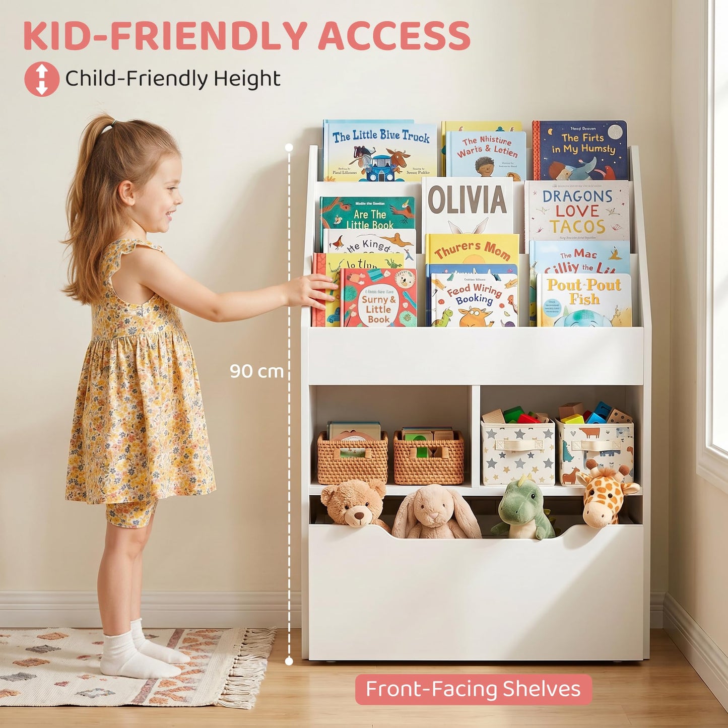 HOMCOM Kids Bookshelf with Moveable Drawer, Montessori-Inspired Children's Bookcase with Wheels, Toy Organiser for Bedroom, Playroom - White