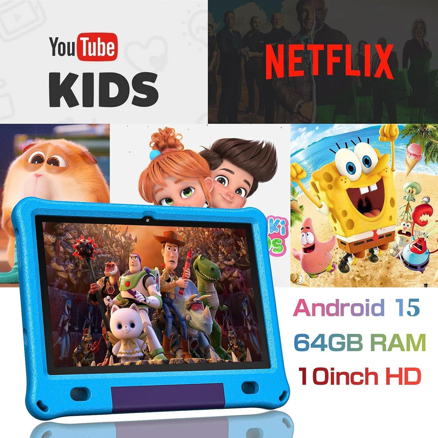 VASOUN Kids Tablet 10 inch, Android 15 Tablets for Kids with 6GB RAM and 64GB ROM, 6000 Mah, Tablet PC with Time Limits, Age Filters, Parental Controls, 5G WIFI, Bluetooth(Blue)